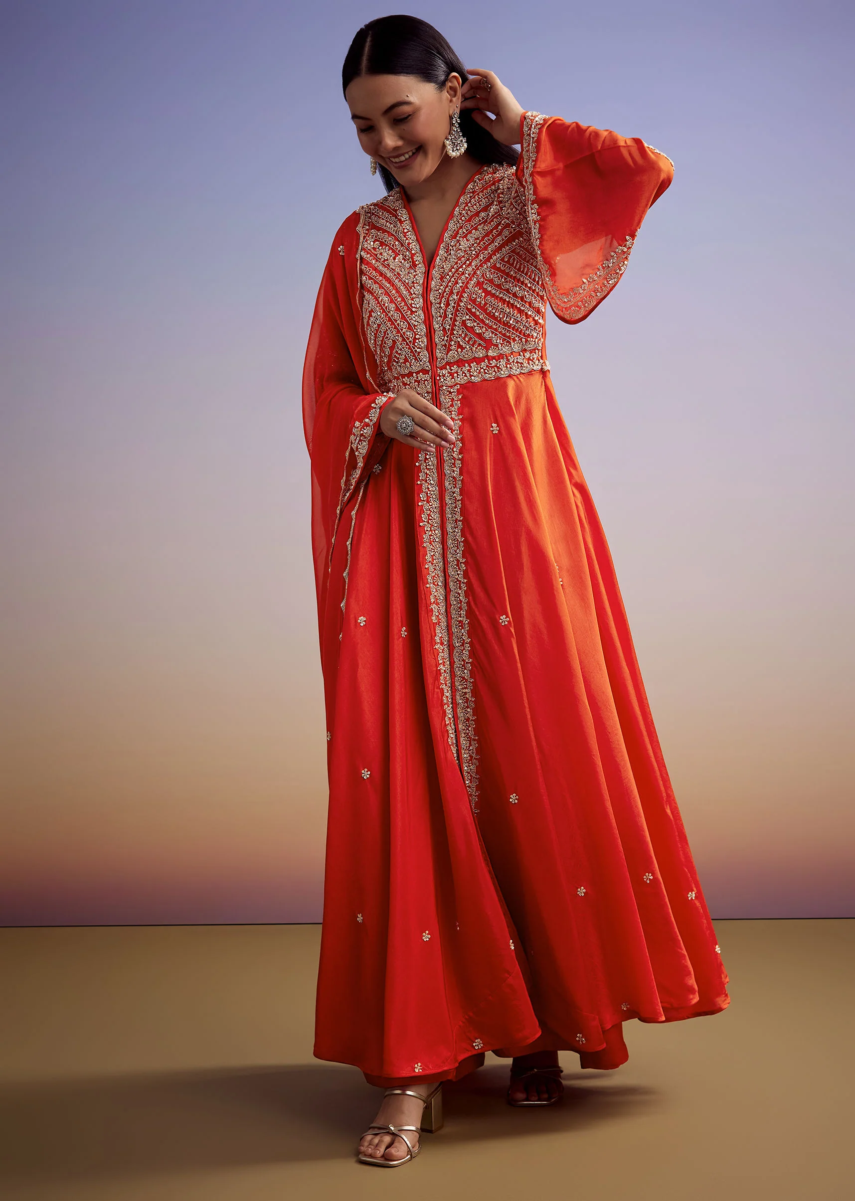 Orange Russian Silk Palazzo Suit With Cut Dana And Sequins Work - Image 2