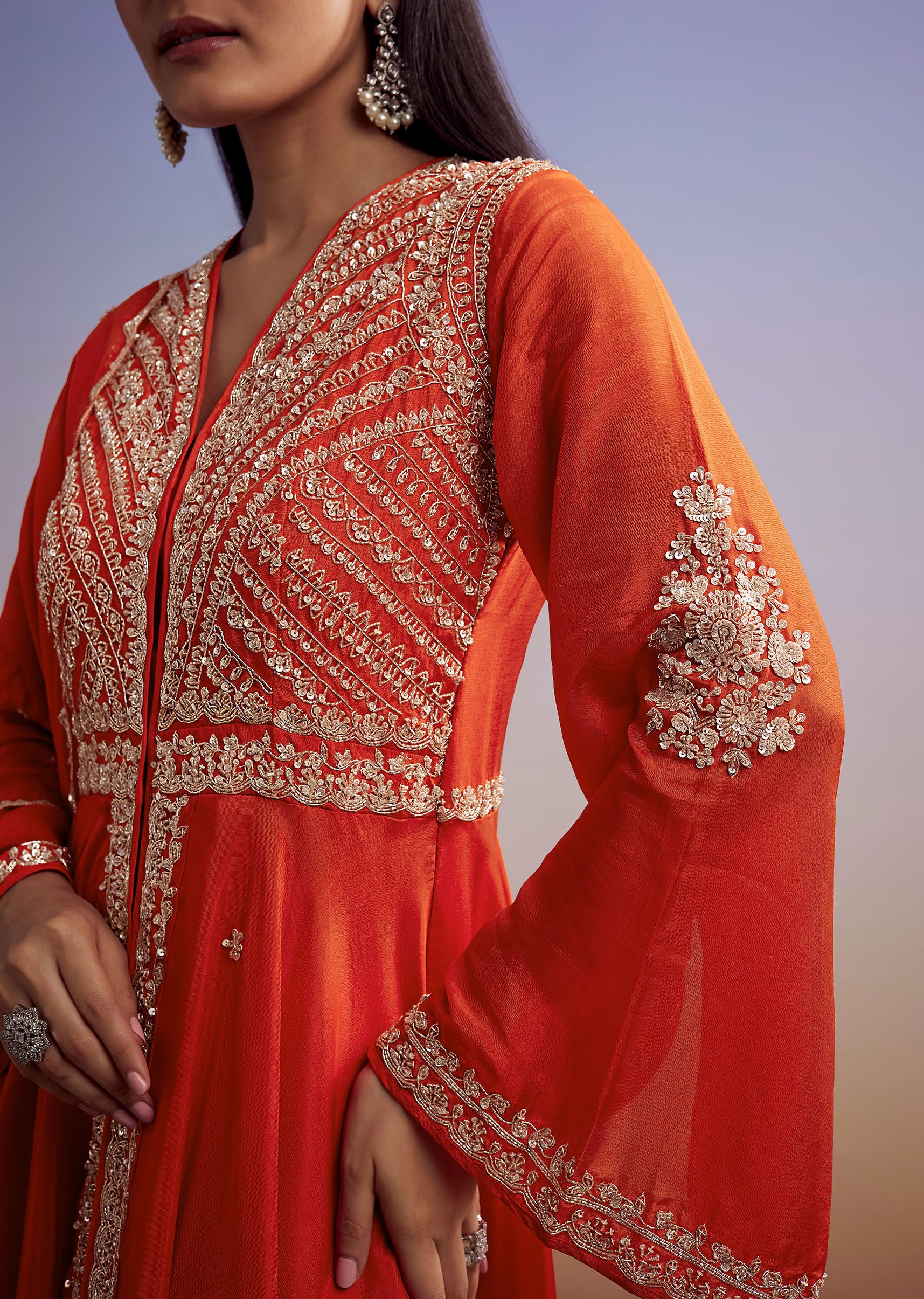 Orange Russian Silk Palazzo Suit With Cut Dana And Sequins Work - Image 3