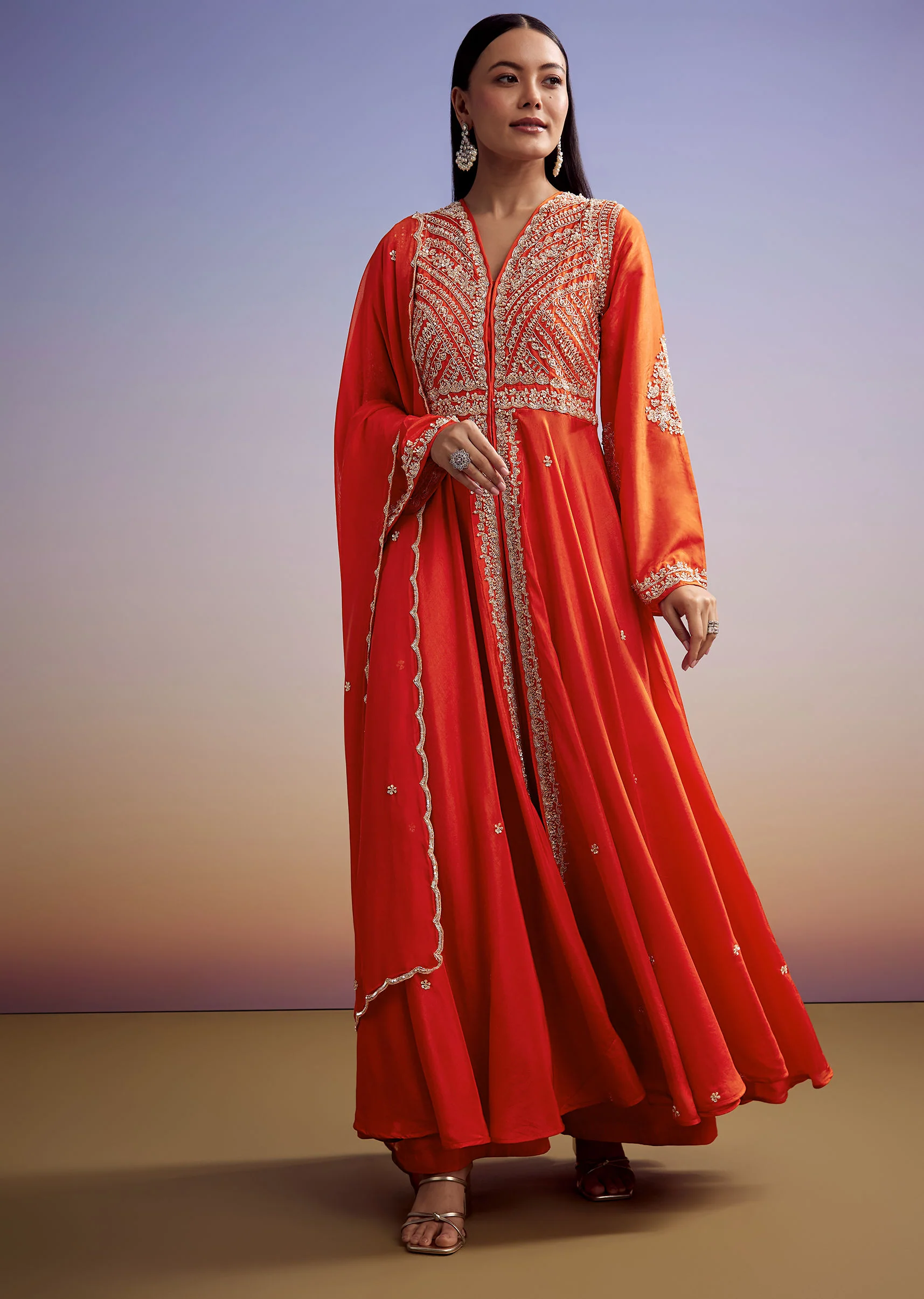 Orange Russian Silk Palazzo Suit With Cut Dana And Sequins Work - Image 4