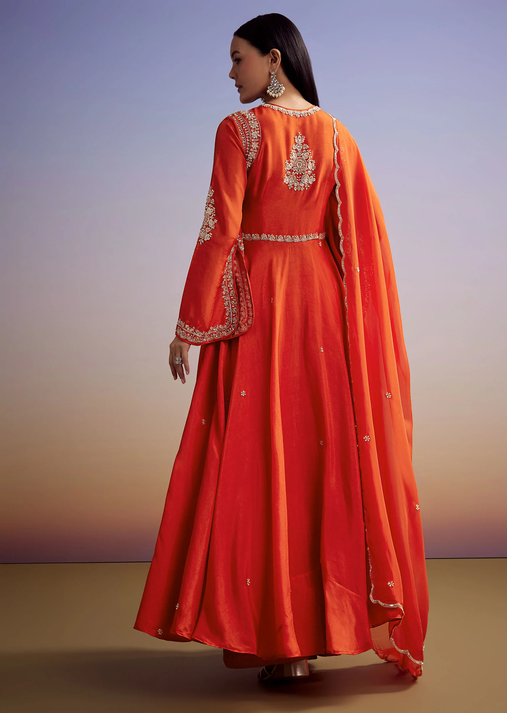 Orange Russian Silk Palazzo Suit With Cut Dana And Sequins Work - Image 5