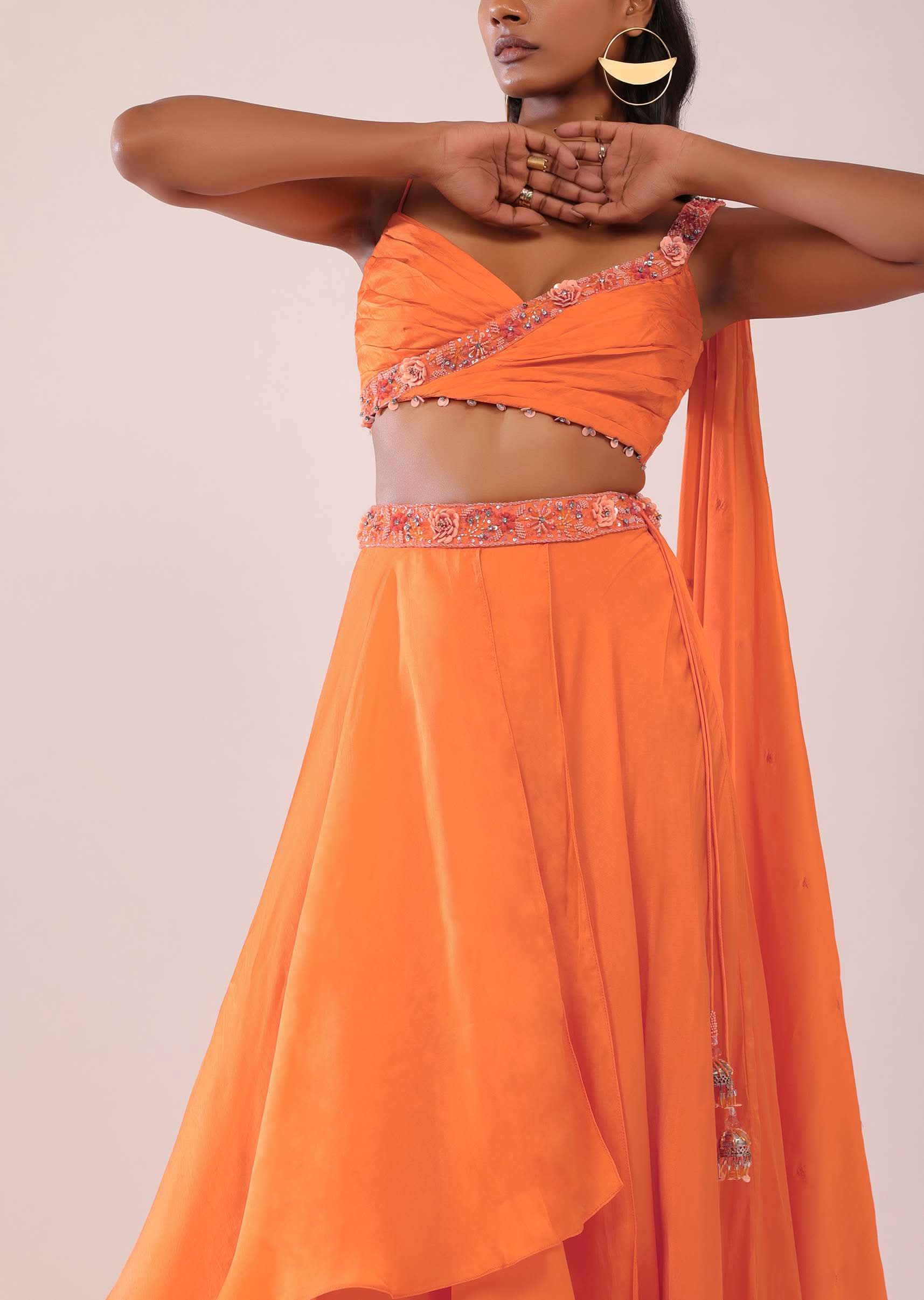 Orange Satin Organza Drape Lehenga And Blouse Set With Attached Pallu - Image 3
