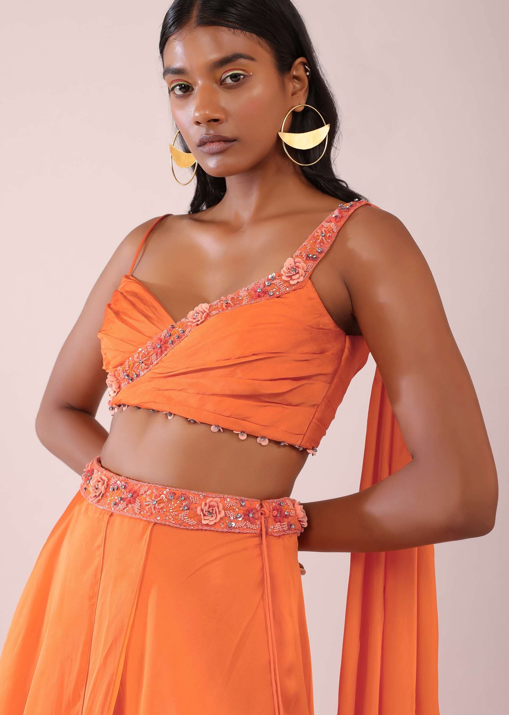 Orange Satin Organza Drape Lehenga And Blouse Set With Attached Pallu - Image 5