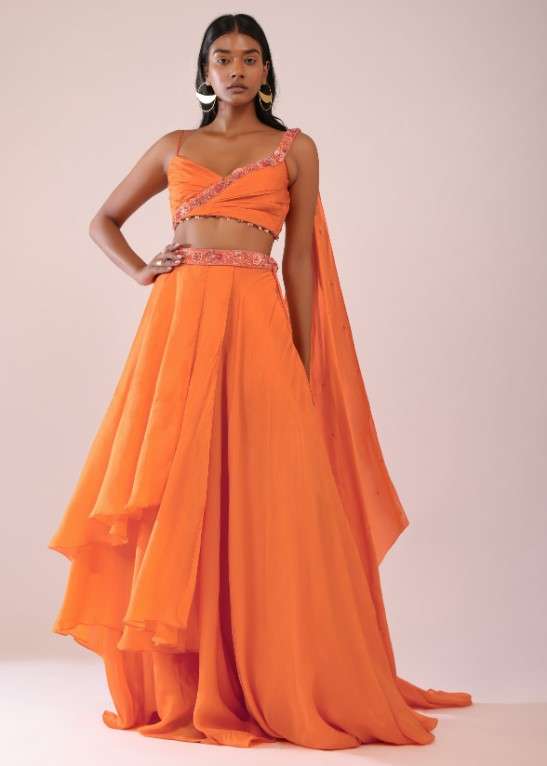 Orange Satin Organza Drape Lehenga And Blouse Set With Attached Pallu - Image 6