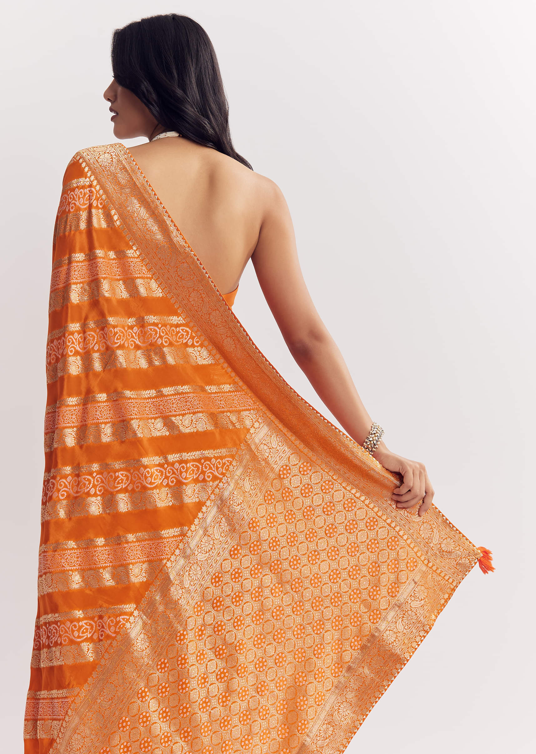 Orange Satin Saree With Zari Vine Design - Image 6