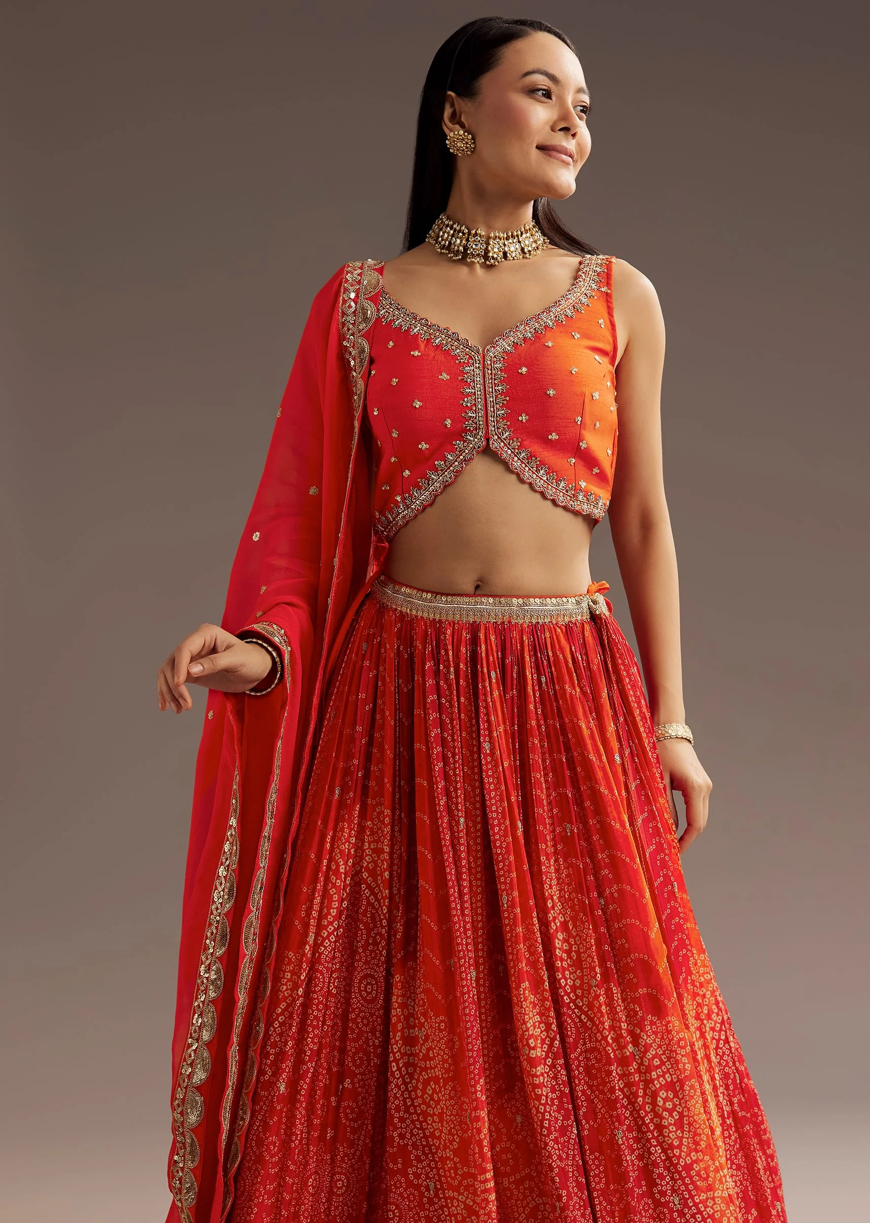 Orange Sequins Bandhani Lehenga Dupatta Set - Image 4