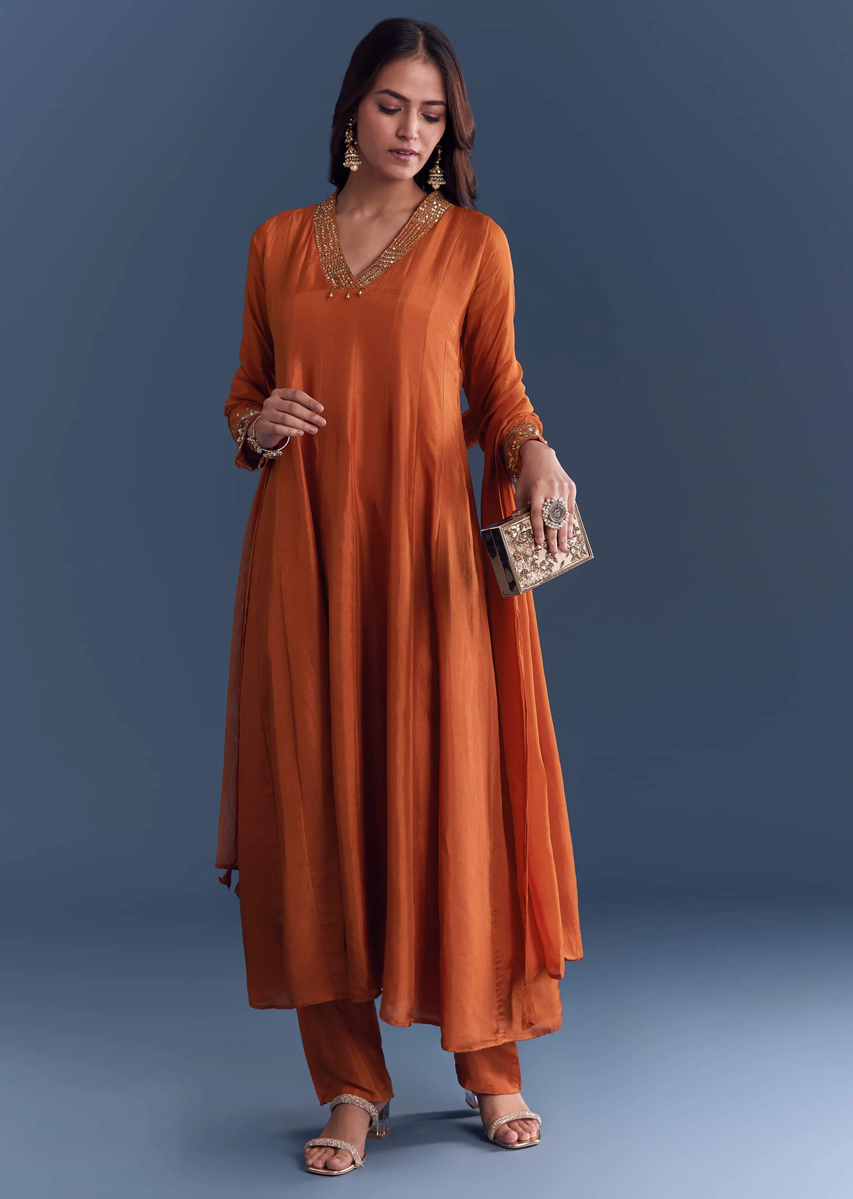 Orange Silk Anarkali Suit With Sequins And Cutdana Work