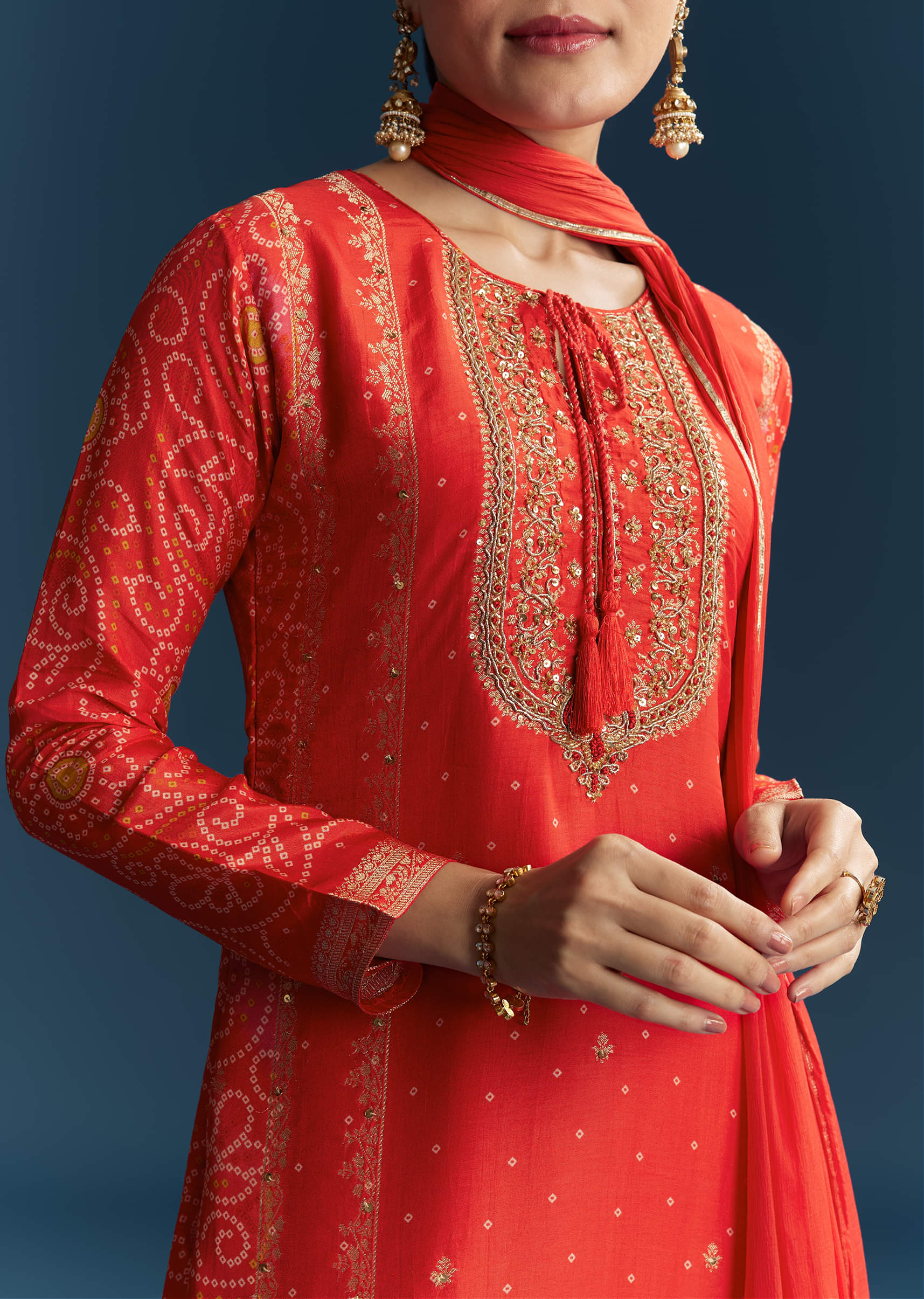 Orange Silk Bandhani Palazzo Suit With Embroidery - Image 2