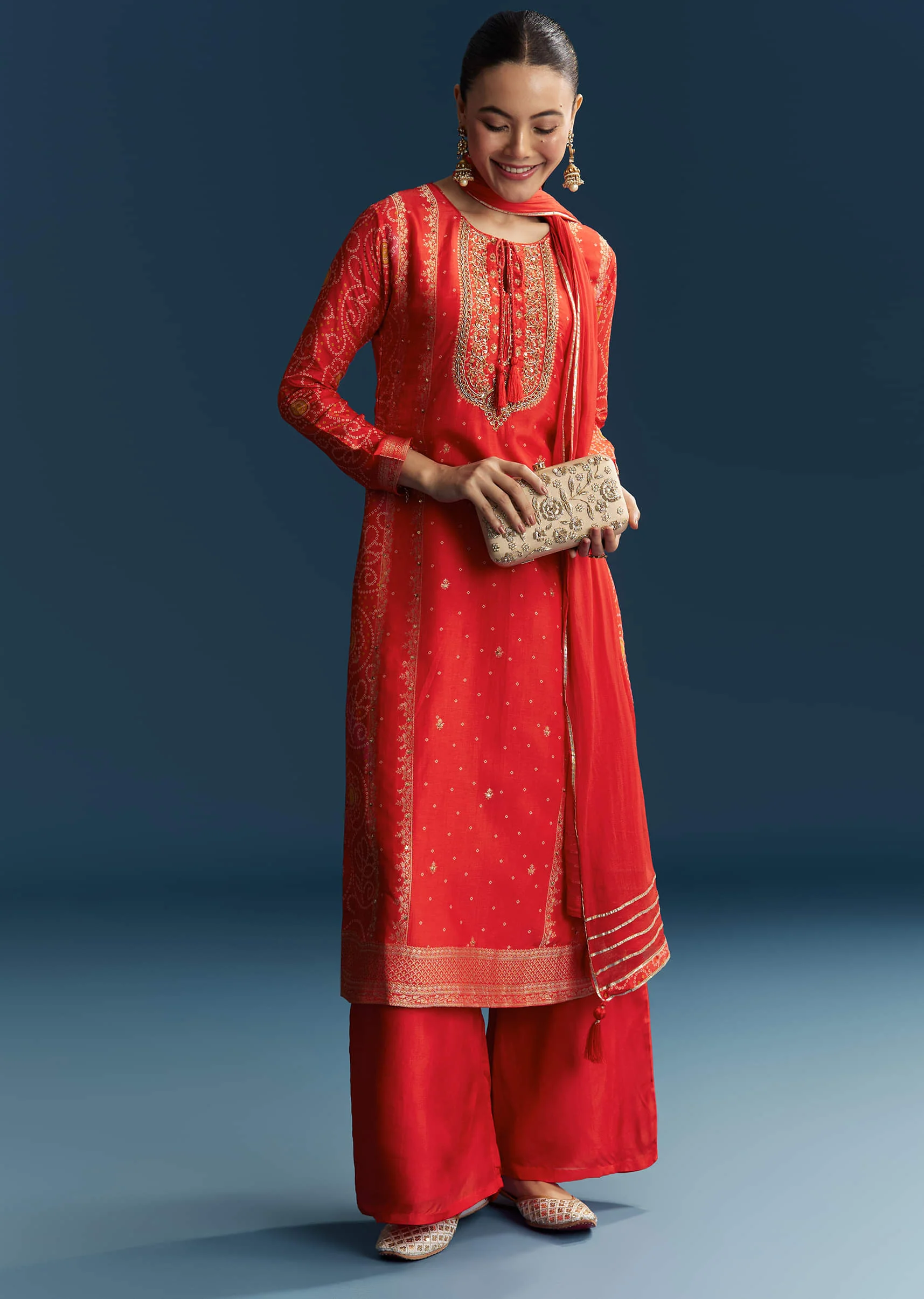 Orange Silk Bandhani Palazzo Suit With Embroidery - Image 3