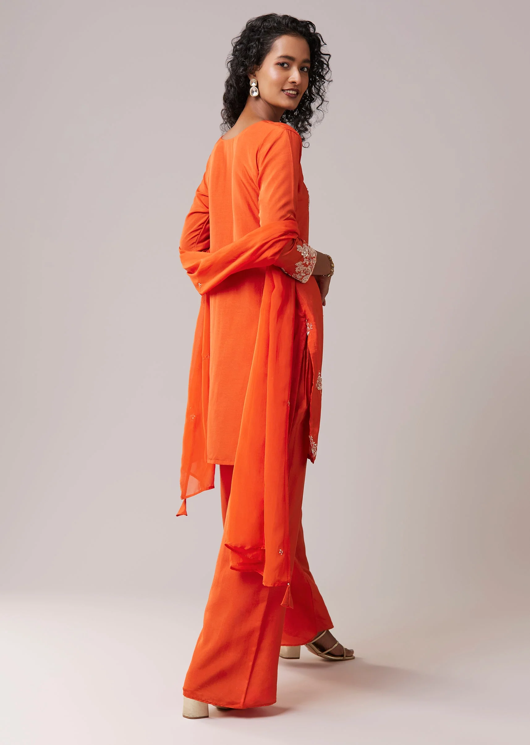 Orange Silk Kurta Palazzo Set with Cutdana Work - Image 5