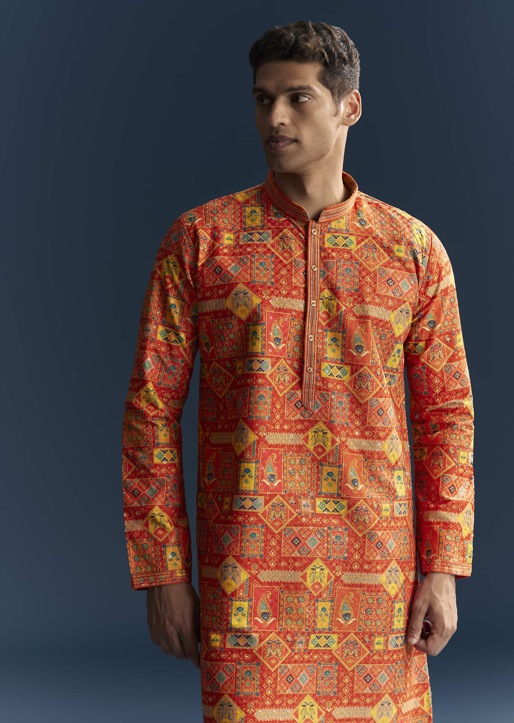 Orange Silk Kurta Set For Men With Heavy Hand Embroidery - Image 5
