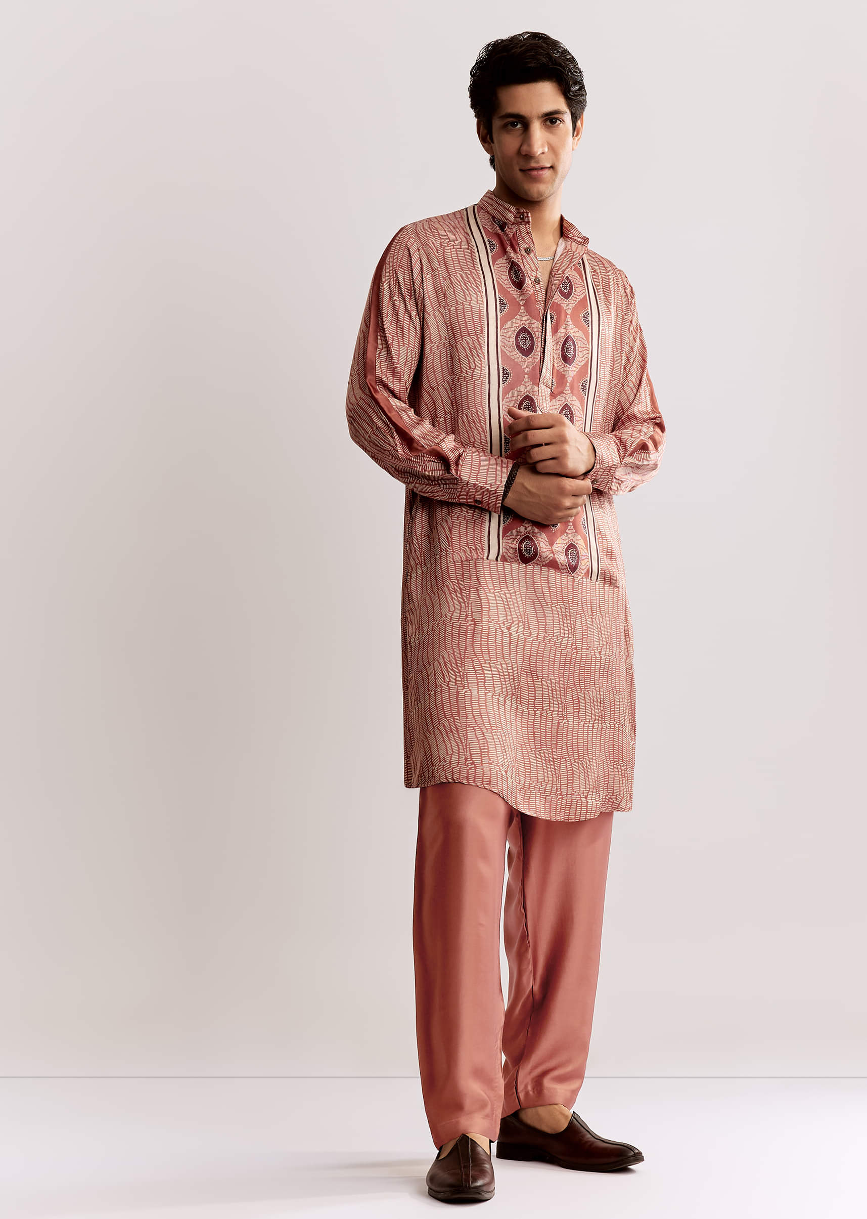 Orange Silk Kurta Set With Ajrakh Print - Image 2