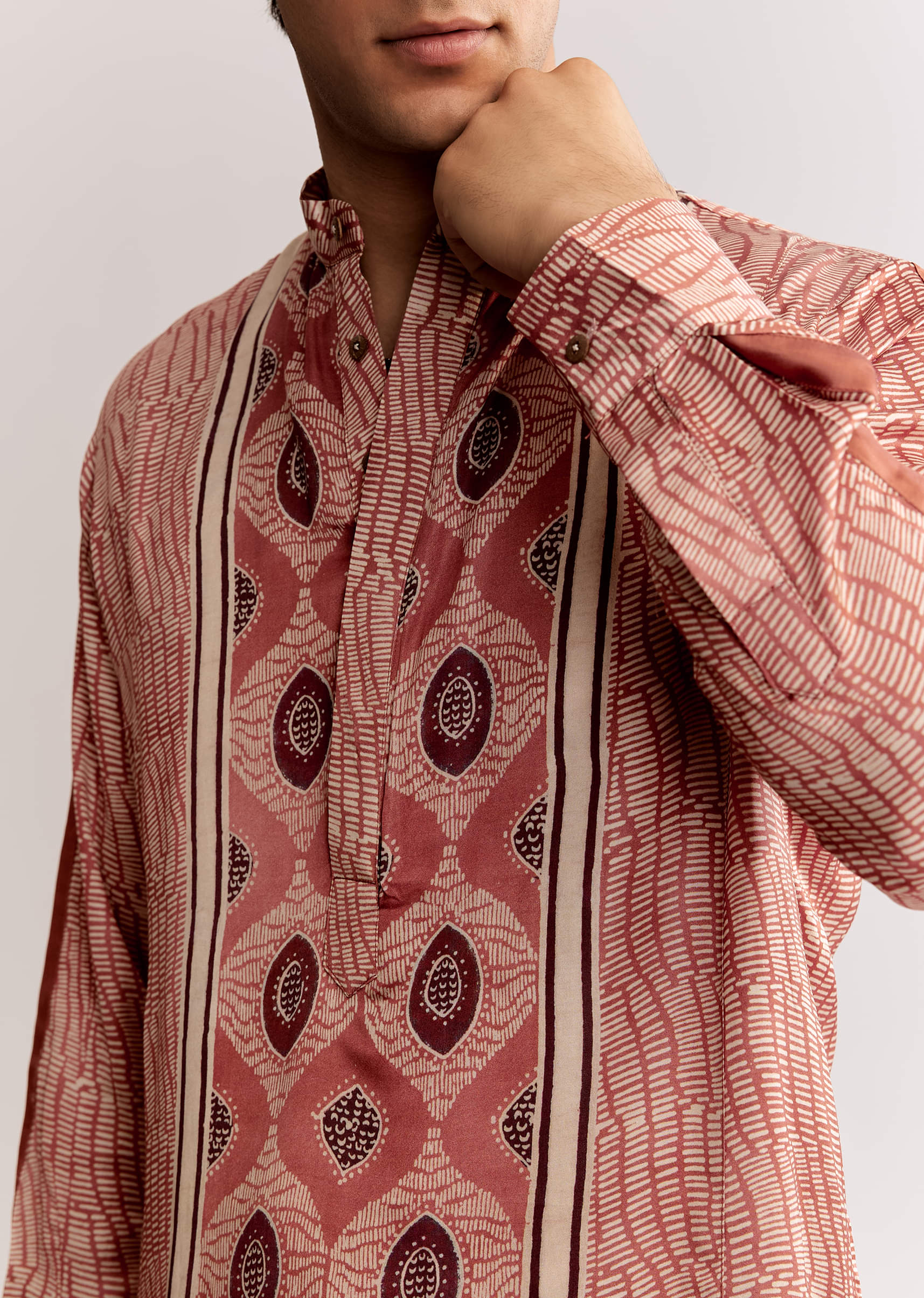 Orange Silk Kurta Set With Ajrakh Print - Image 3