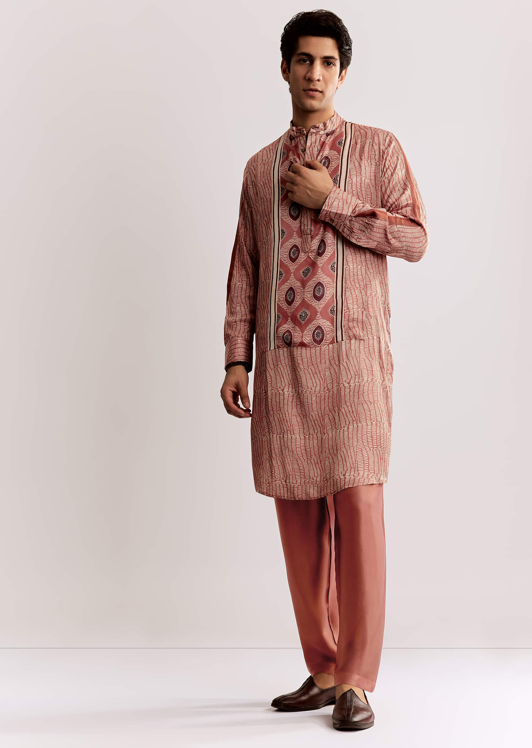 Orange Silk Kurta Set With Ajrakh Print - Image 4