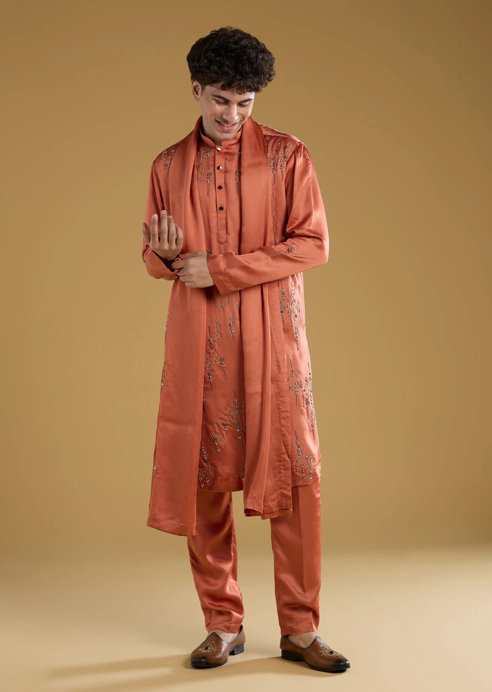 Orange Silk Kurta Set With Thread And Metal Detail Work - Image 3