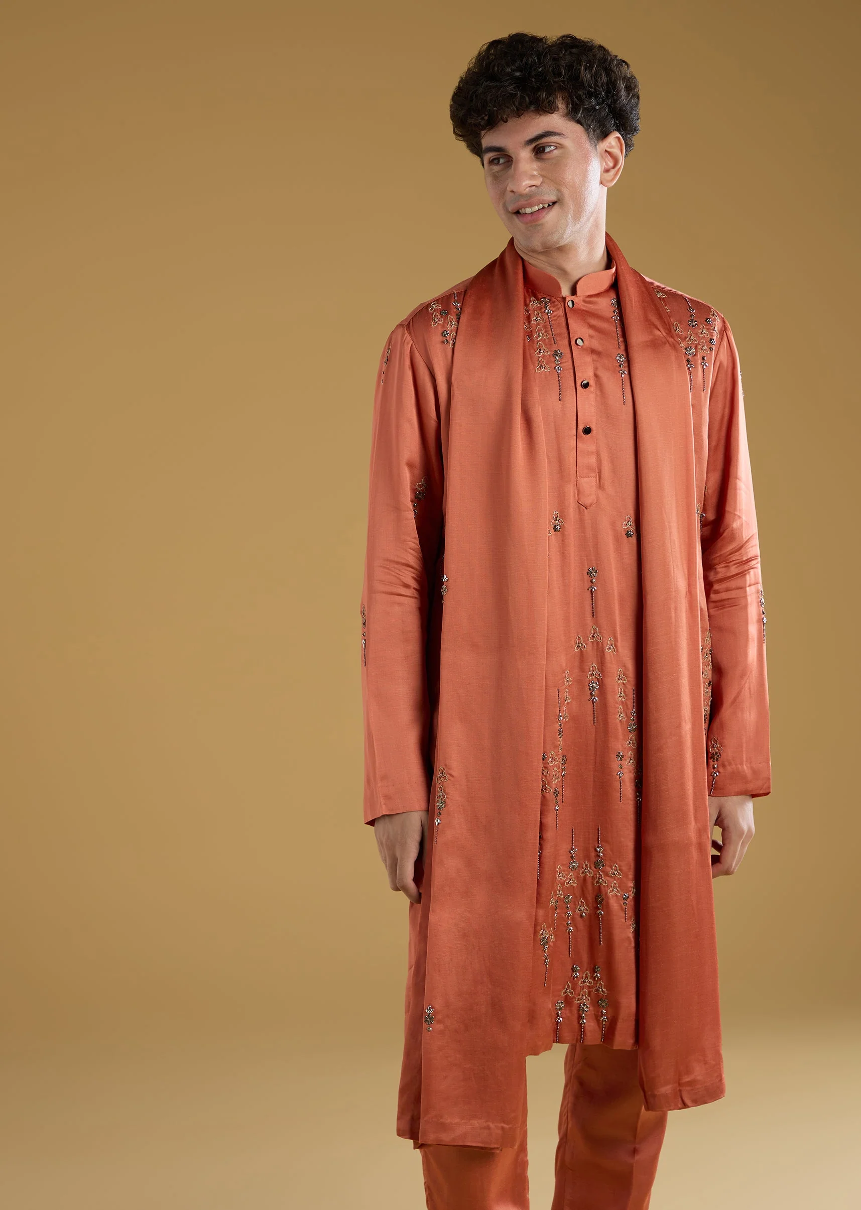 Orange Silk Kurta Set With Thread And Metal Detail Work - Image 4