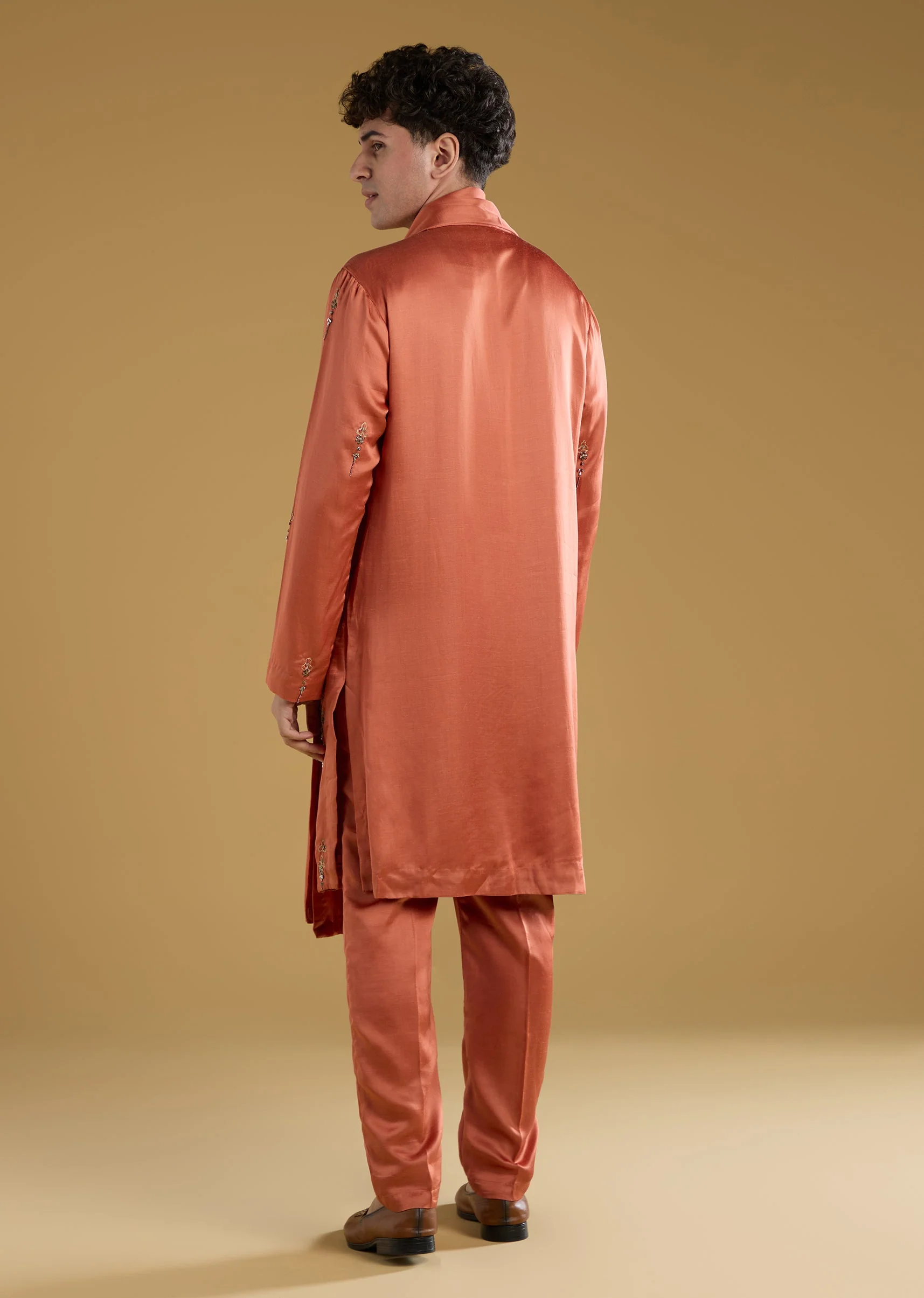 Orange Silk Kurta Set With Thread And Metal Detail Work - Image 5
