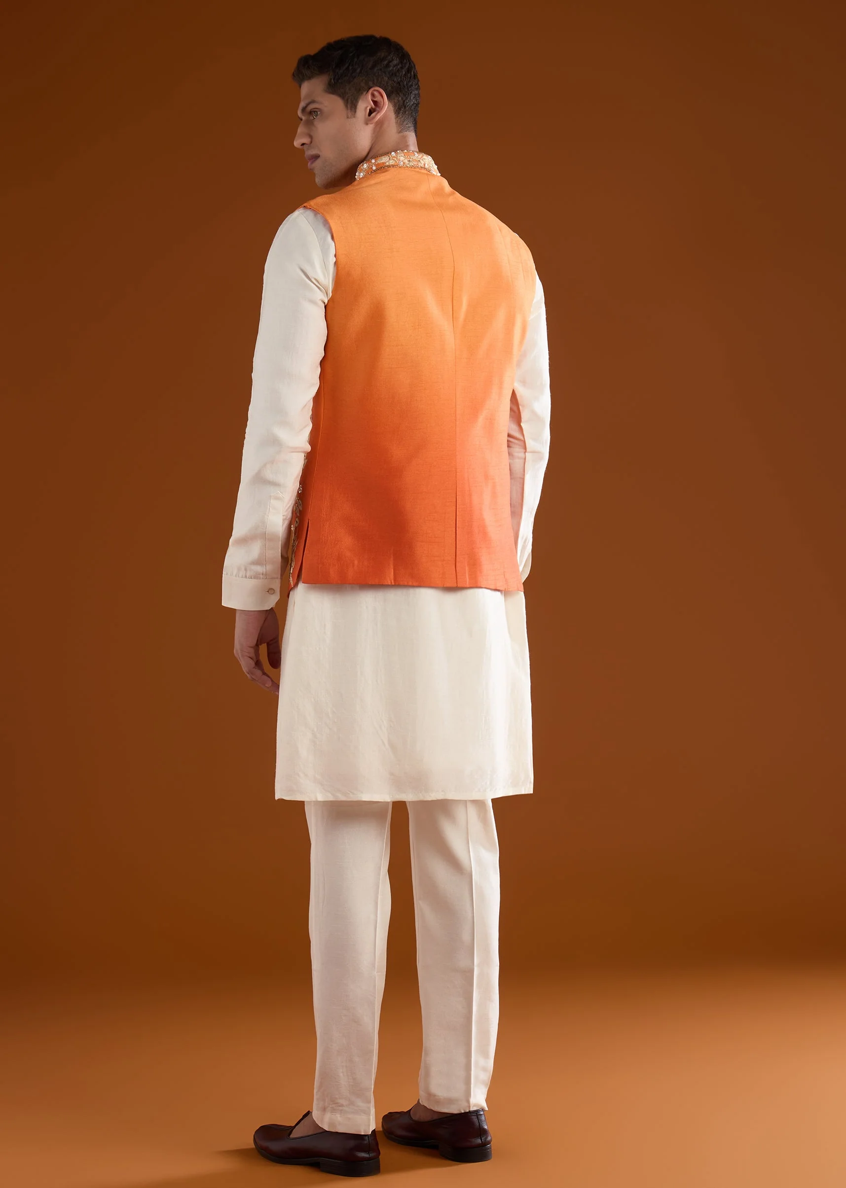 Orange Silk Mens Kurta Jacket Set With Thread Resham And Zardosi Work - Image 5