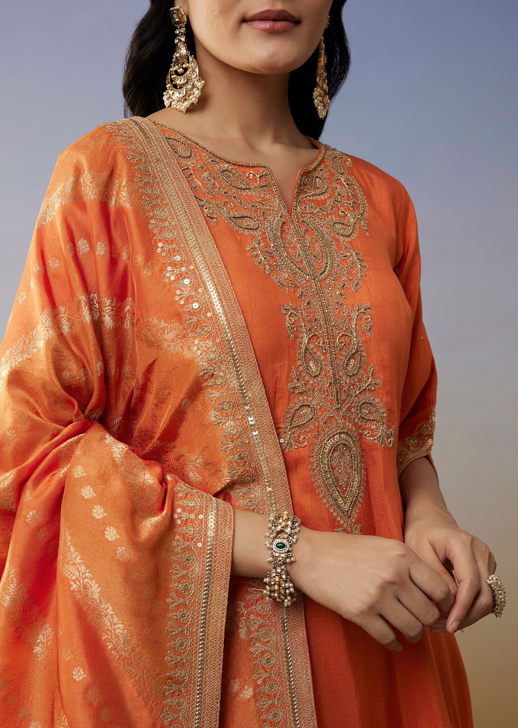 Orange Silk Palazzo Suits with Zari Work and Embroidery Detail - Image 2