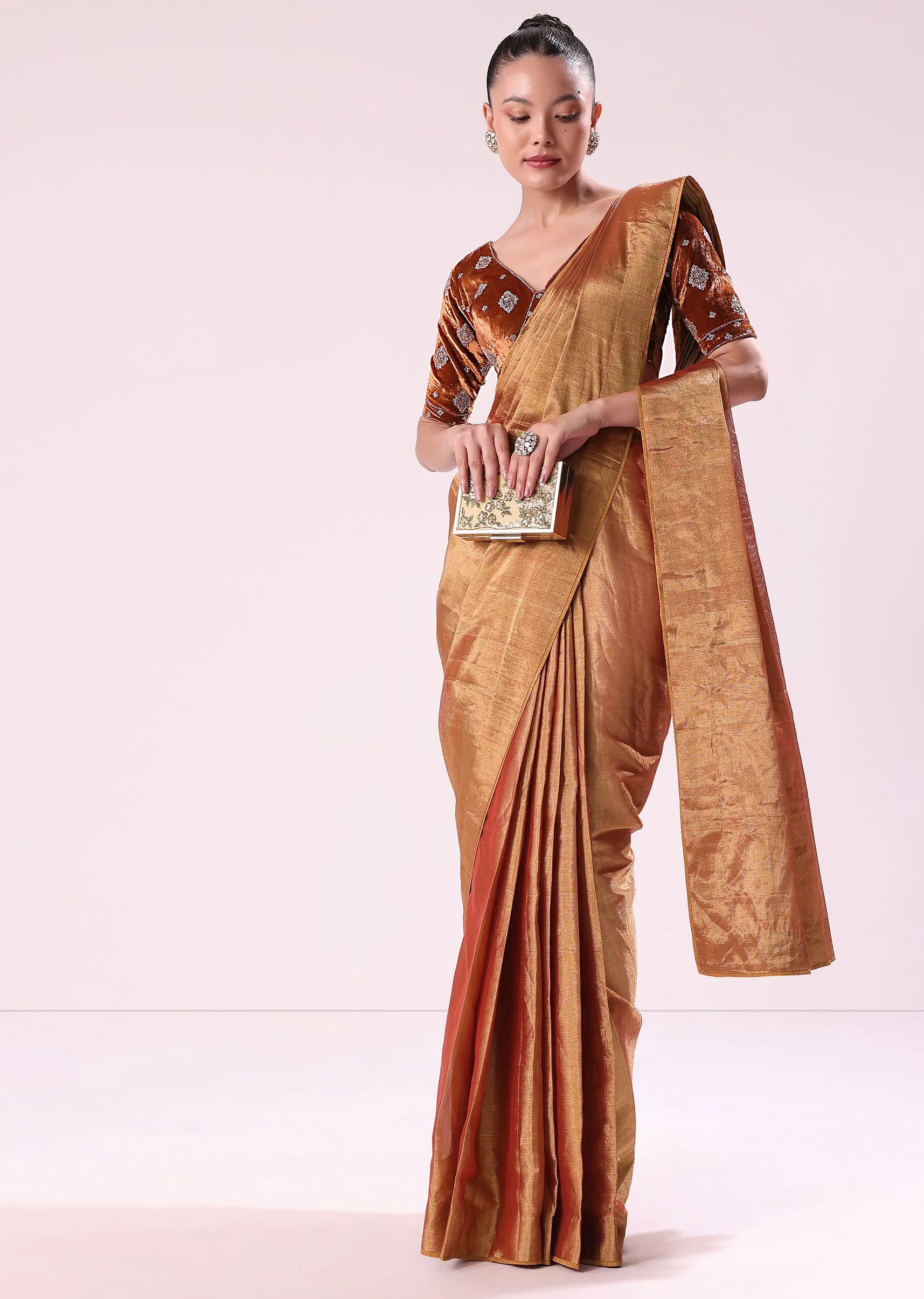 Orange Tissue Saree With Embroidered Rust Orange Stitched Blouse - Image 4