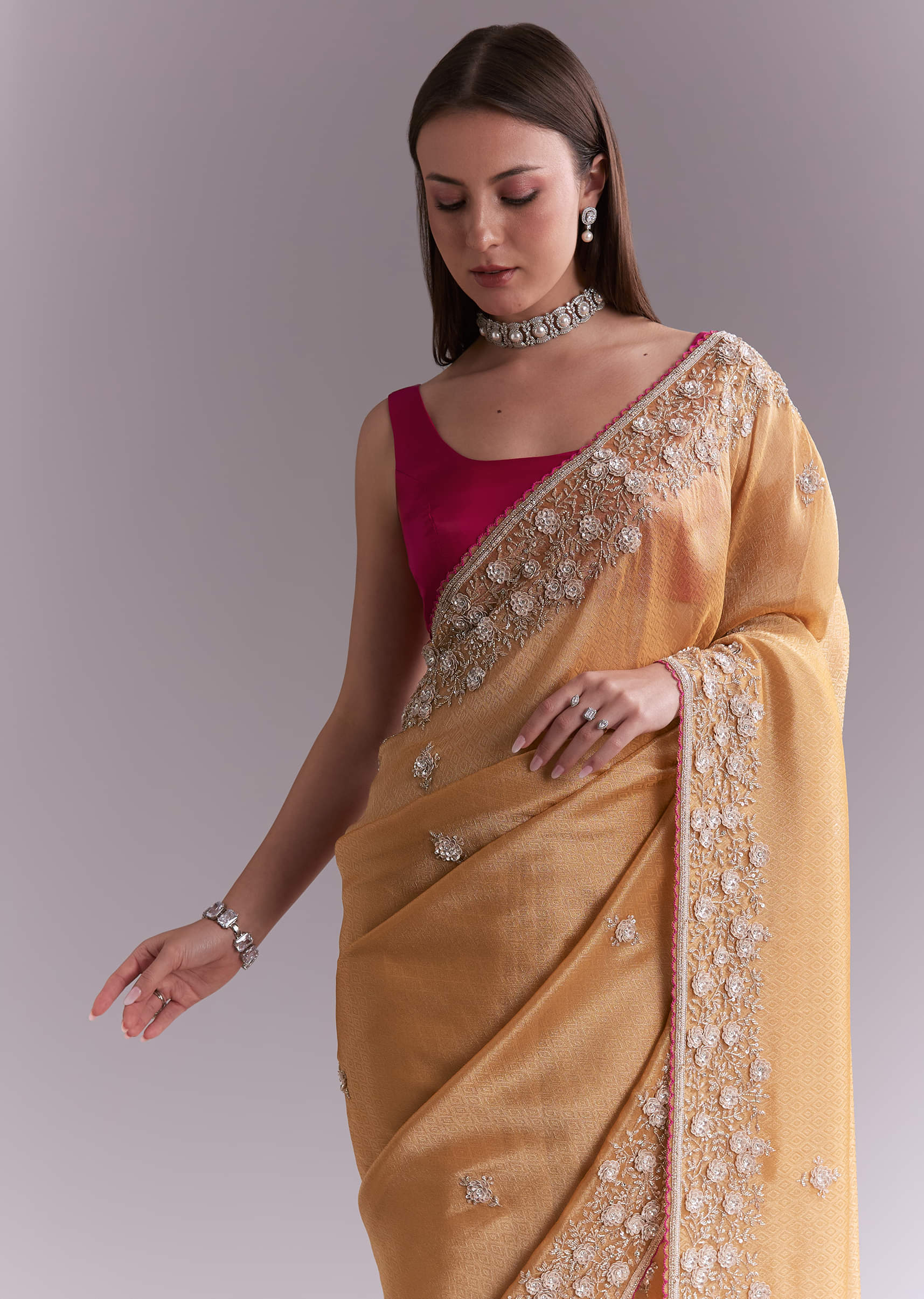 Orange Tissue Saree With Heavy Floral Embroidery - Image 2