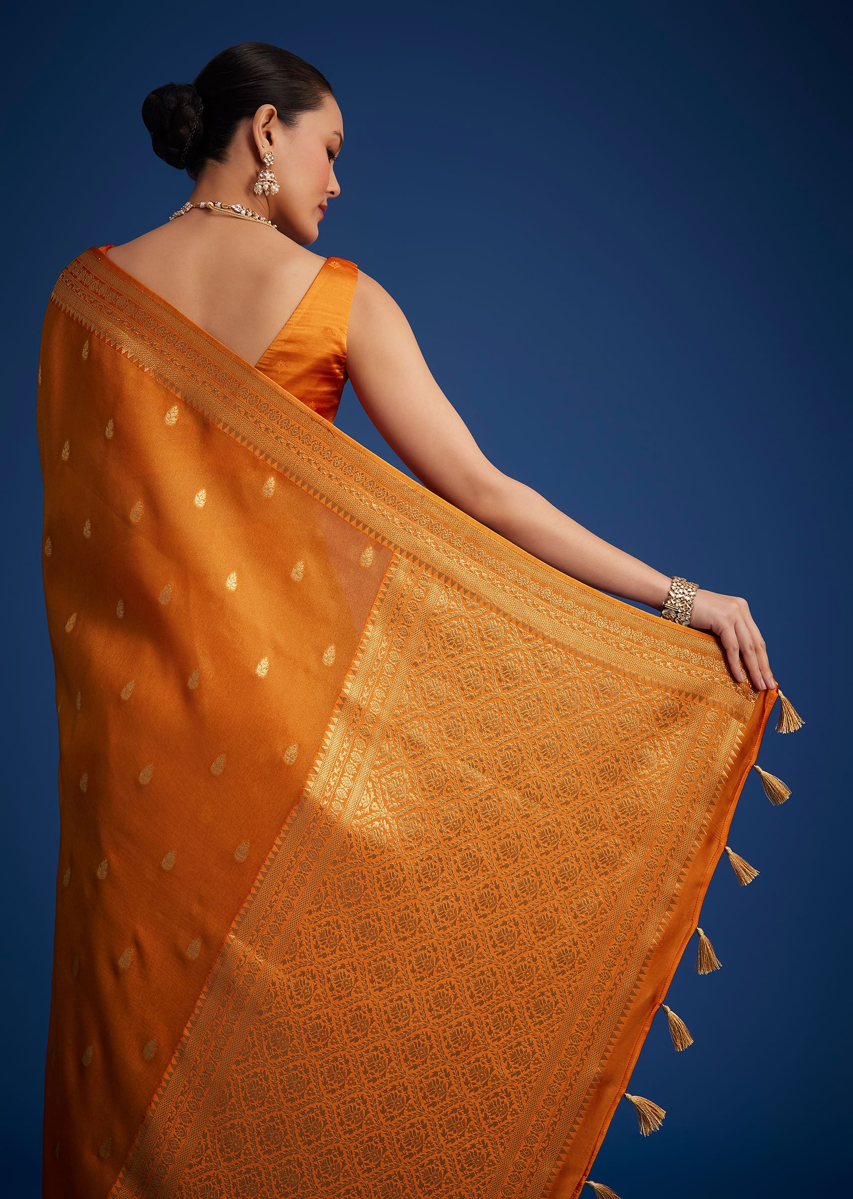 Orange Tissue Silk Saree With Zari Border And Butti Work - Image 4