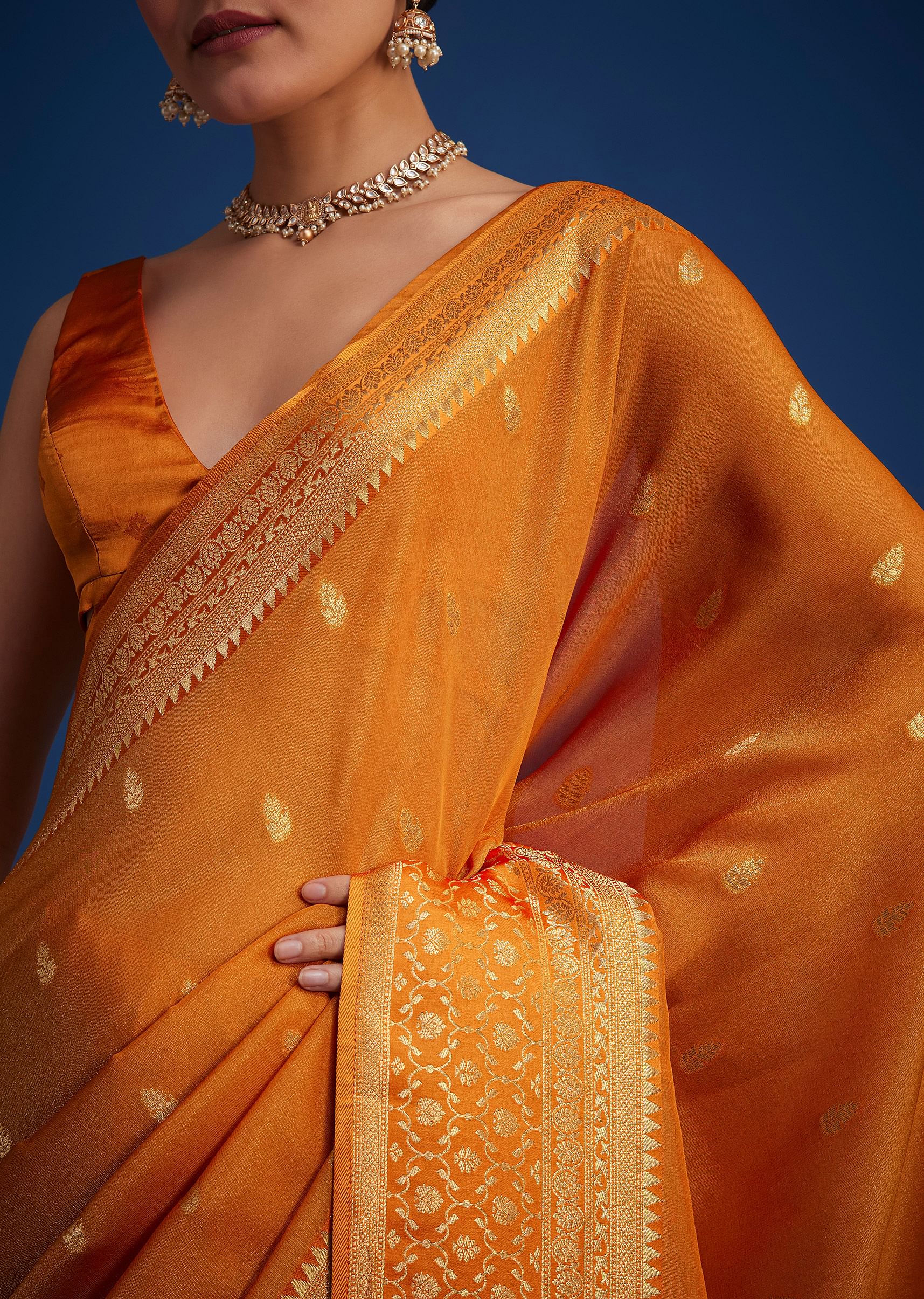 Orange Tissue Silk Saree With Zari Border And Butti Work - Image 5