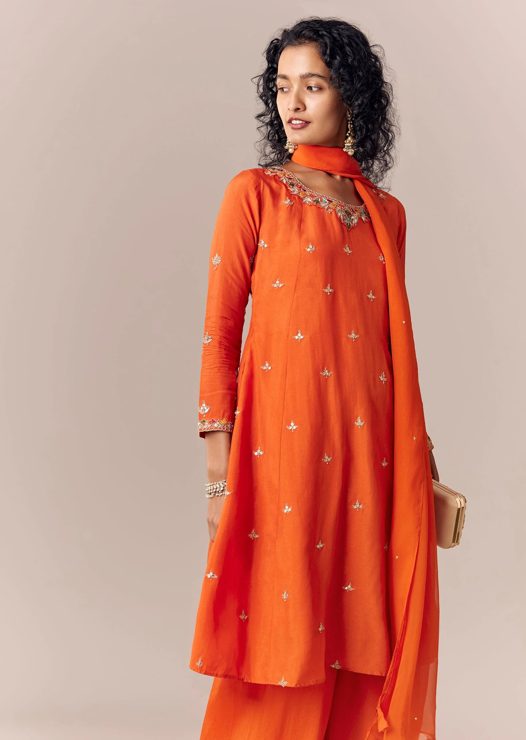 Orange Zari Work Anarkali Palazzo Set With Dupatta - Image 4