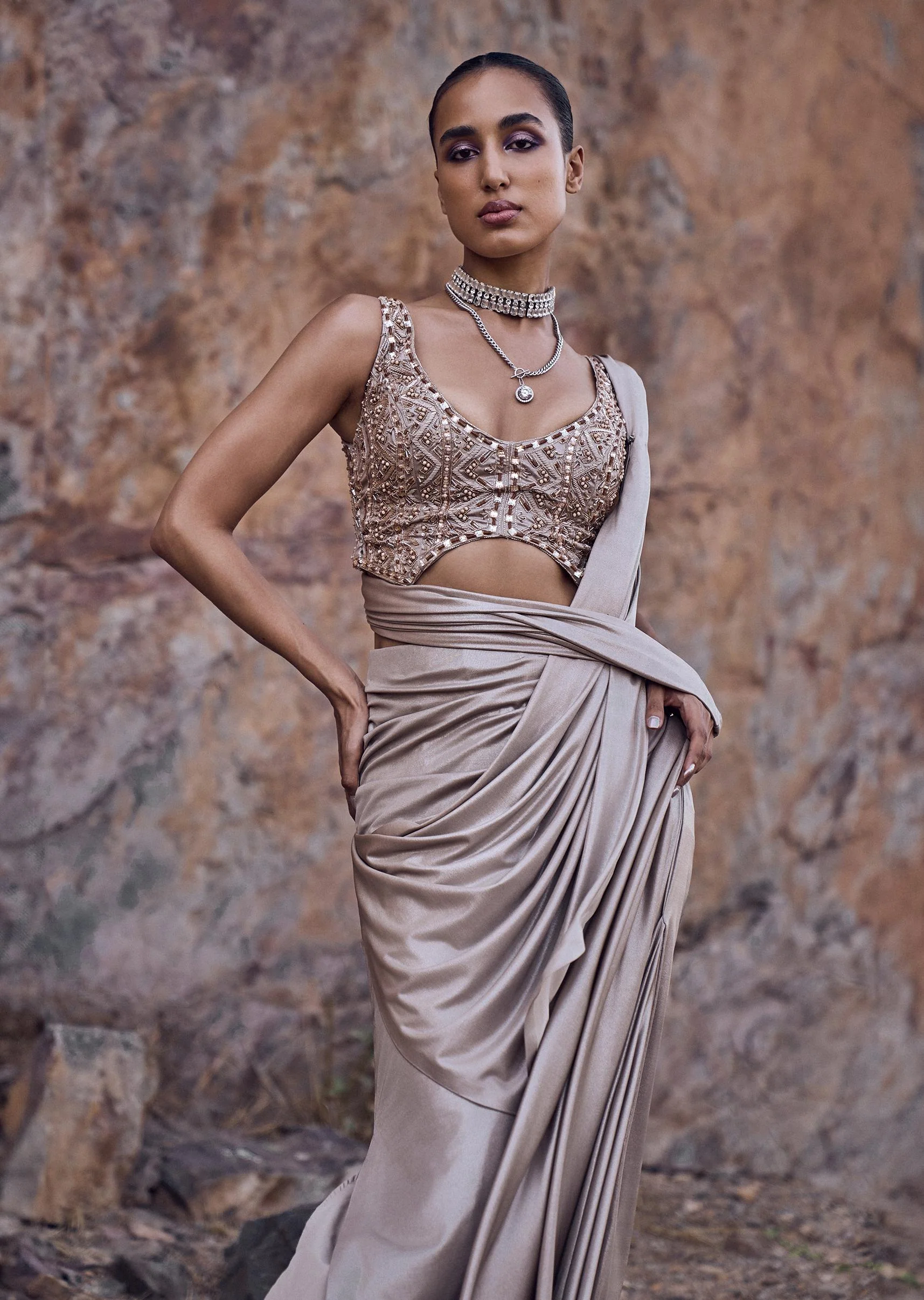 Oyster Beige Pre-Stitched Saree With Stylized Blouse - Image 3