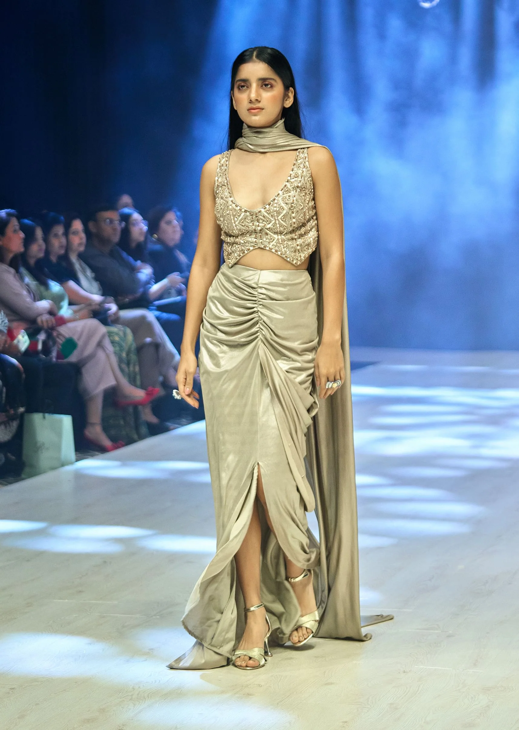 Oyster Beige Pre-Stitched Saree With Stylized Blouse - Image 4