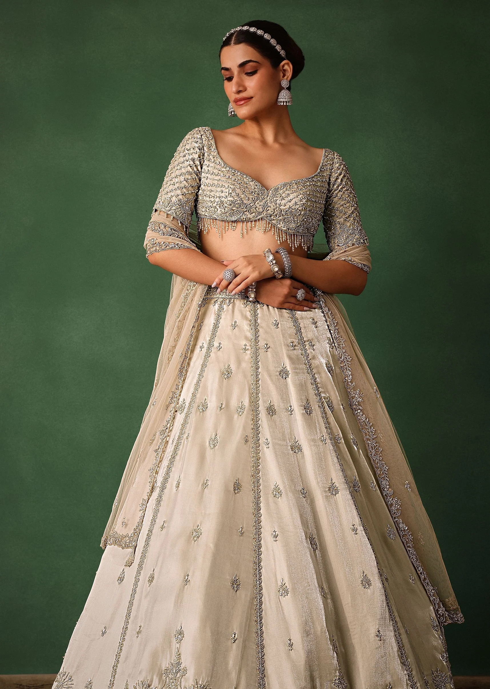 Oyster Hand Embroidered Organza Lehenga Set With Cutdana Work - Image 6