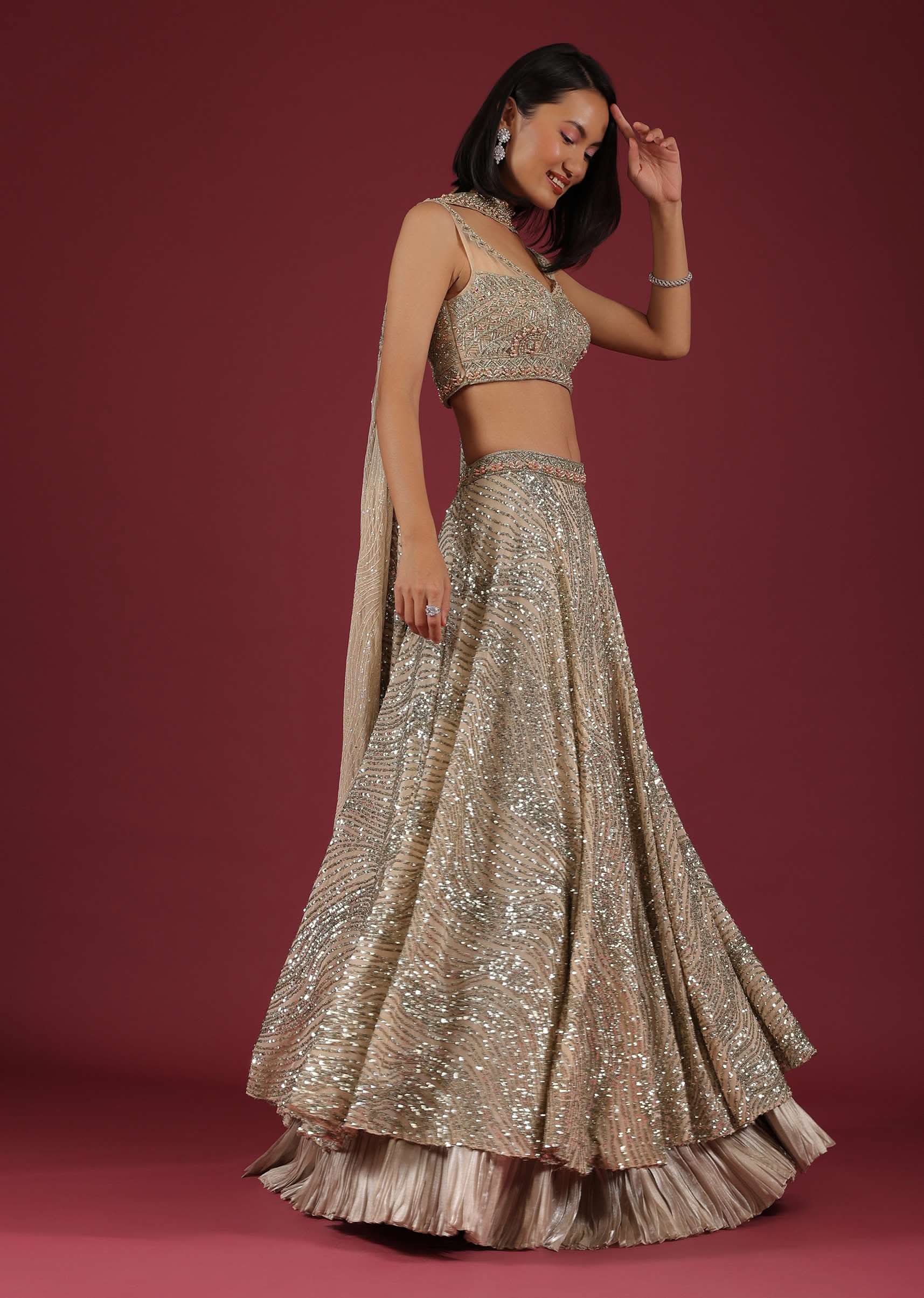 Oyster Net Lehenga And Crop Top With 3D Petal Motifs And An Open Back - Image 3