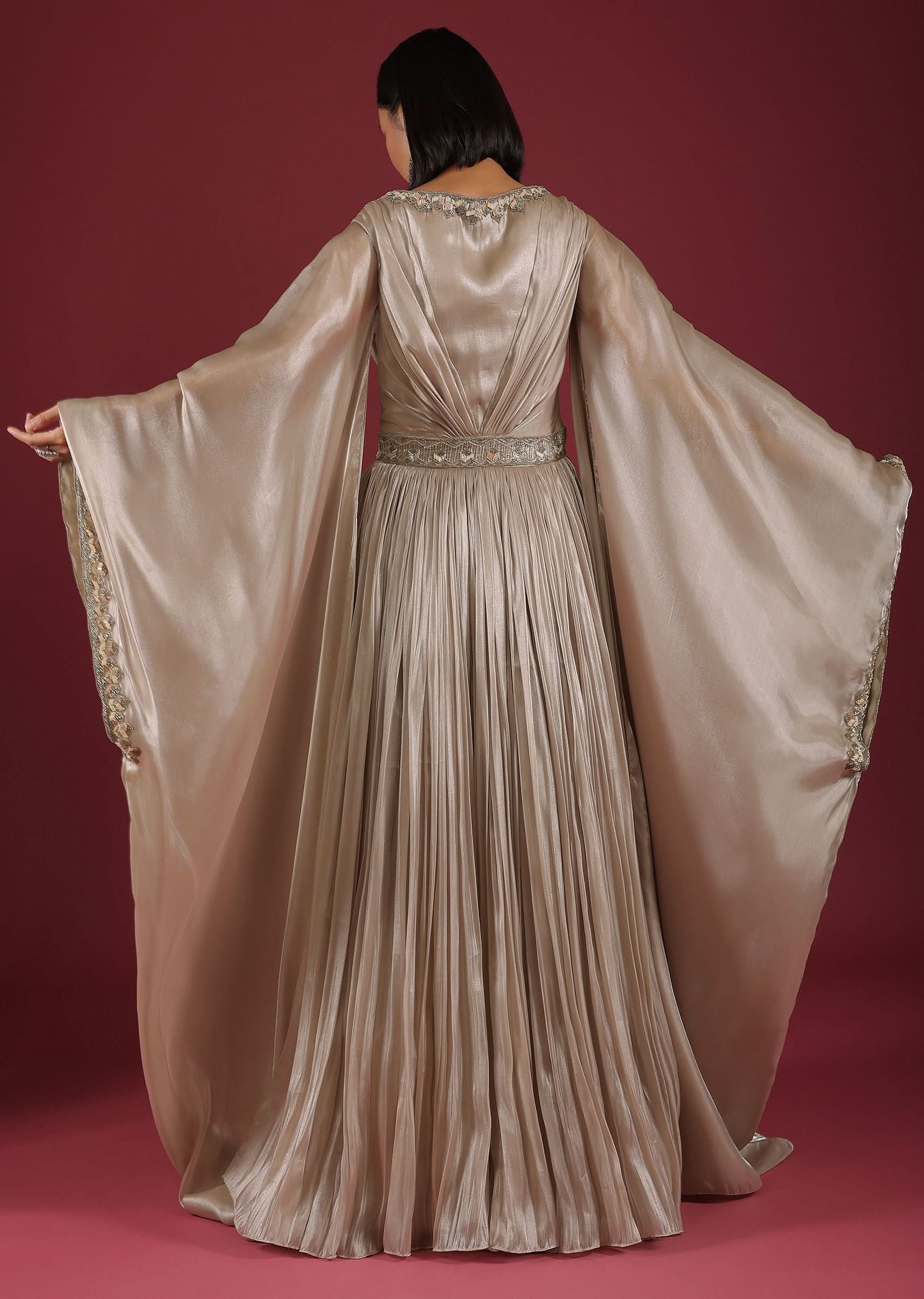 Oyster Organza Gown In Wide Sleeves, Crafted In Tissue Organza In A Deep V Neckline - Image 2