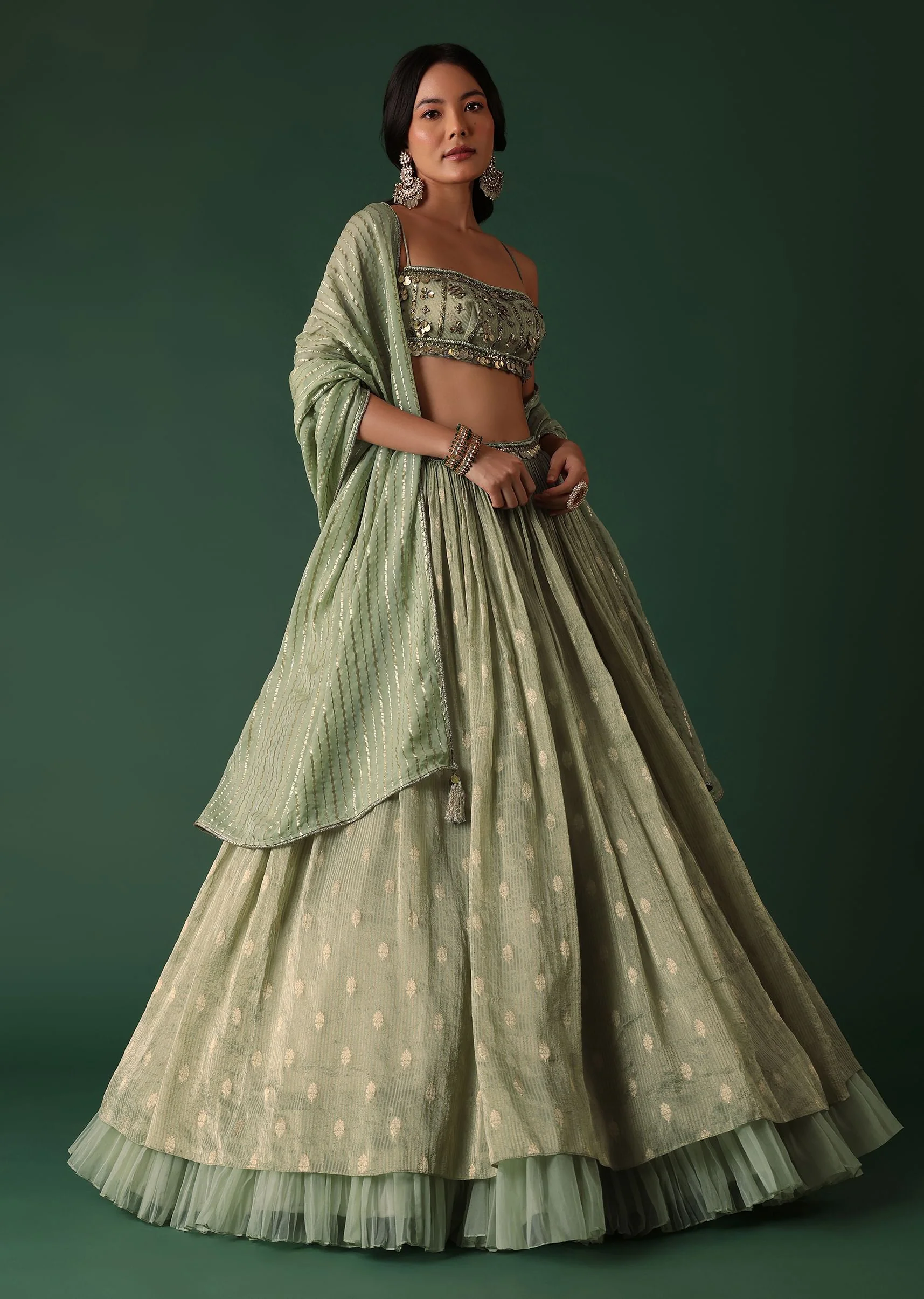 Pale Olive Green Printed Lehenga And Blouse Set In Banarasi Silk - Image 3