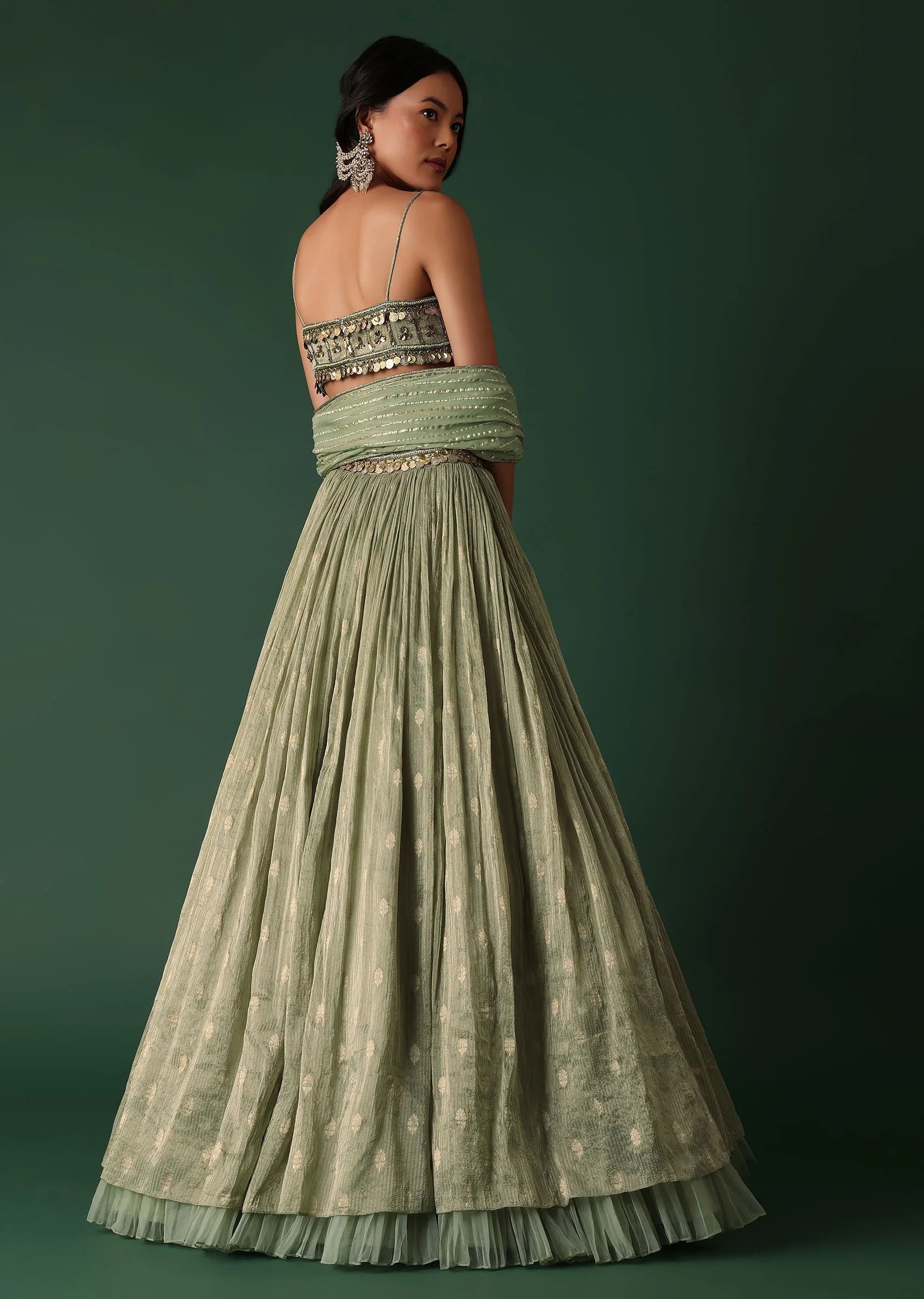 Pale Olive Green Printed Lehenga And Blouse Set In Banarasi Silk - Image 5