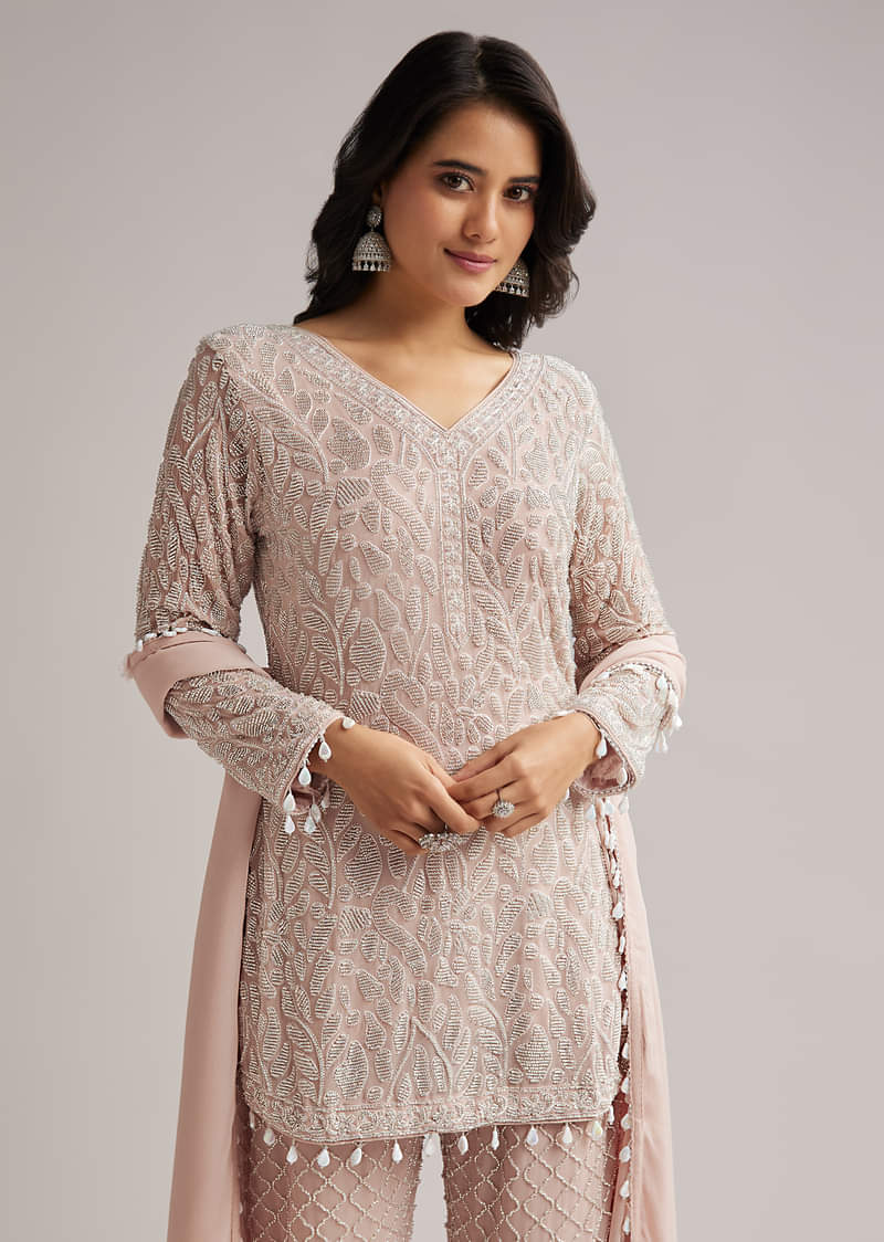 Pale Pink Beaded Kurti Pant Set With Dupatta - Image 3