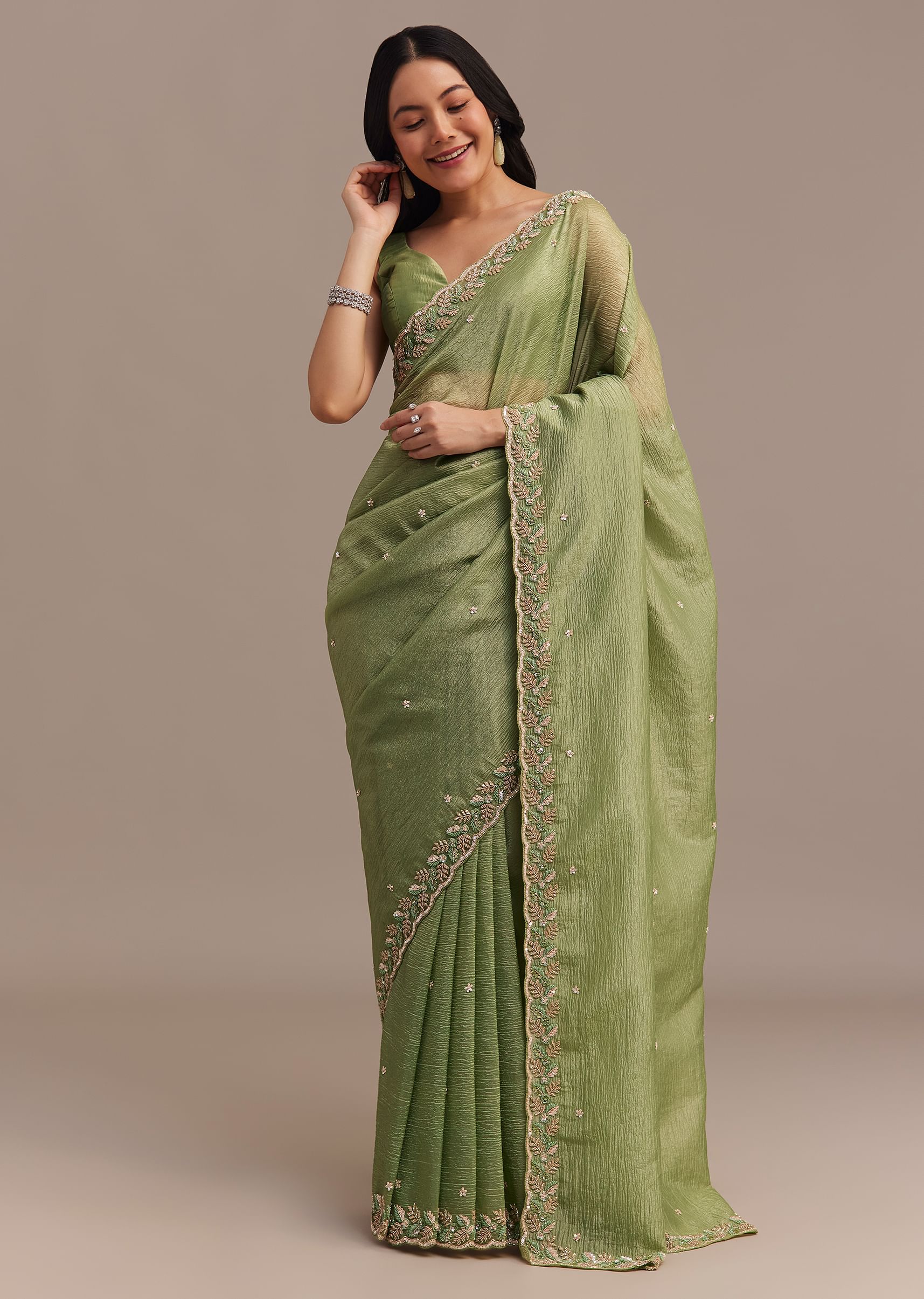 Parrot Green Crushed Tissue Saree With Sequins And Scallop Border - Image 3