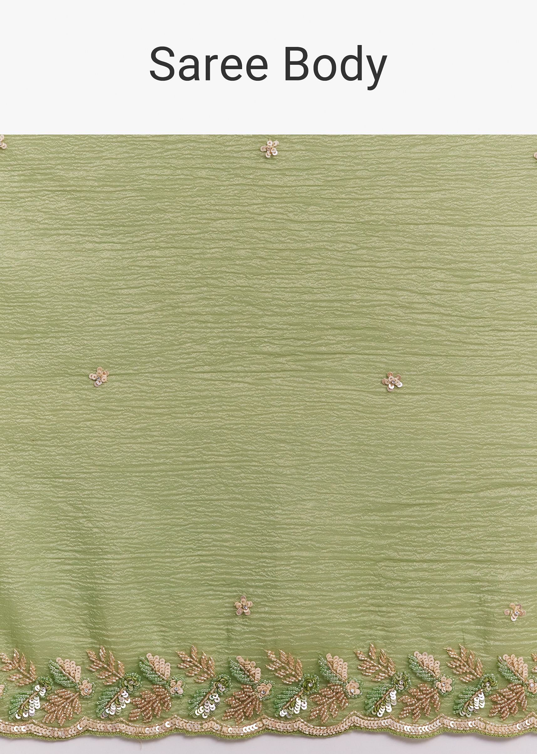 Parrot Green Crushed Tissue Saree With Sequins And Scallop Border - Image 9