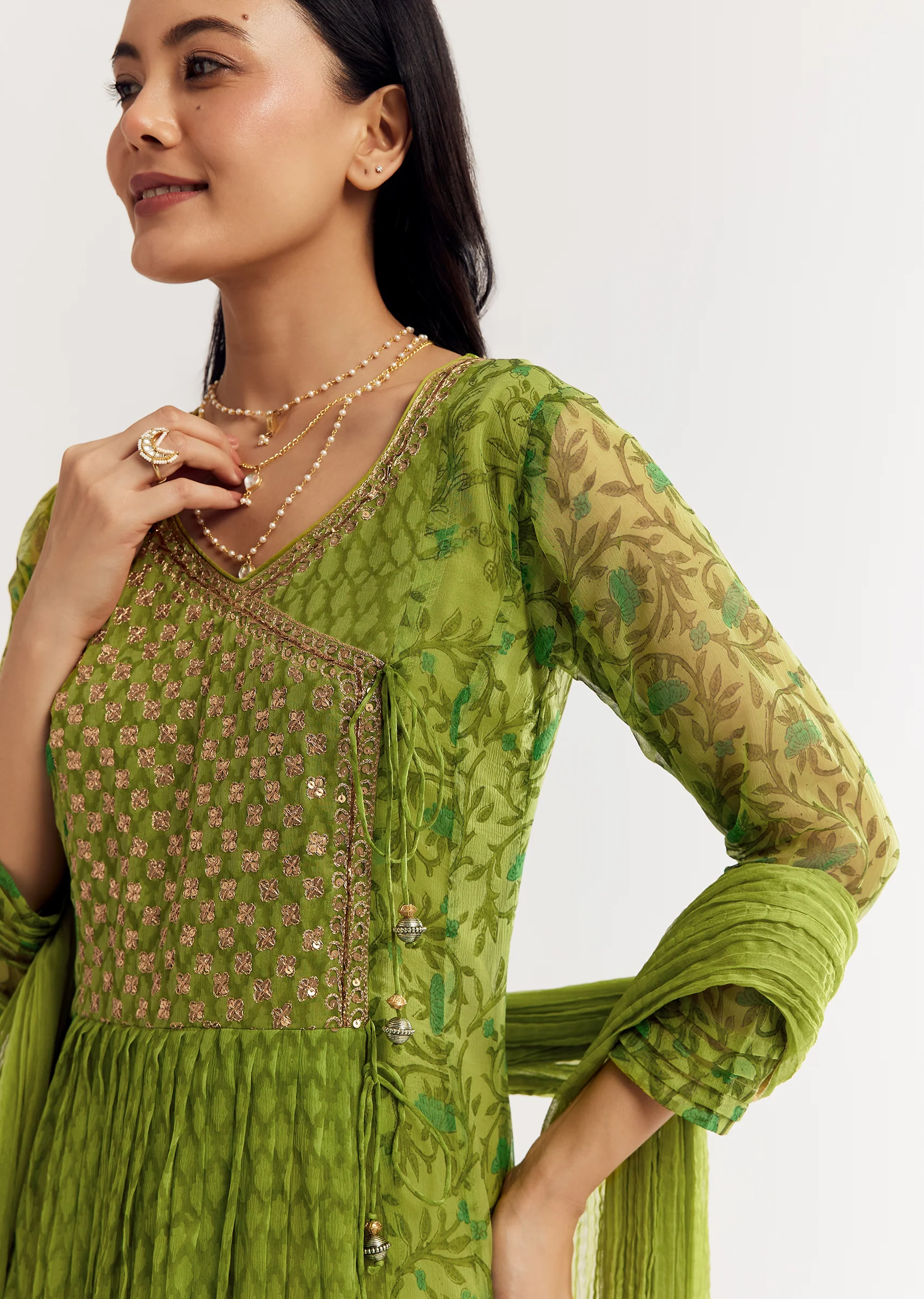 Parrot Green Floral Chiffon Anarkali Kurta Set With Dupatta - Image 2