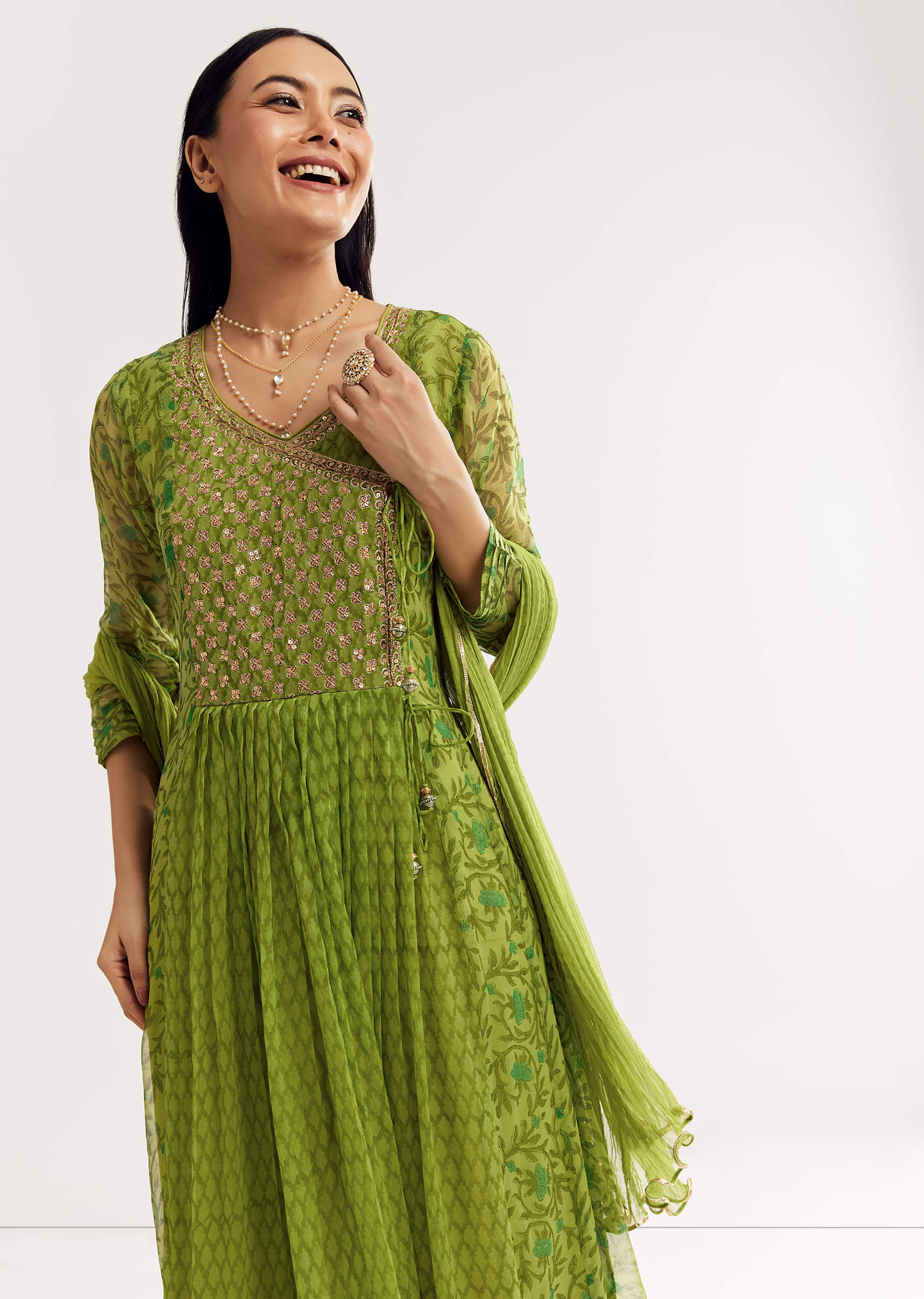 Parrot Green Floral Chiffon Anarkali Kurta Set With Dupatta - Image 3