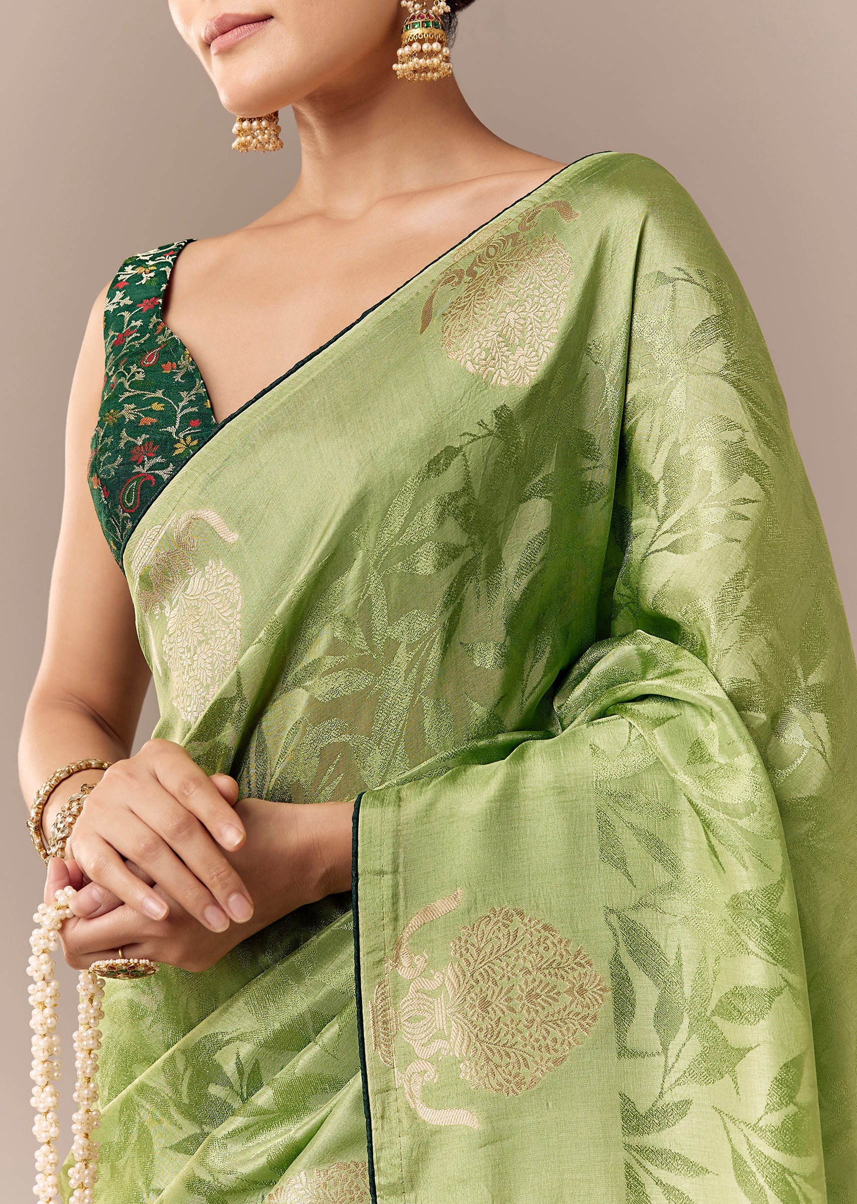 Parrot Green Jacquard Zari Saree with Contrast Brocade Blouse - Image 2