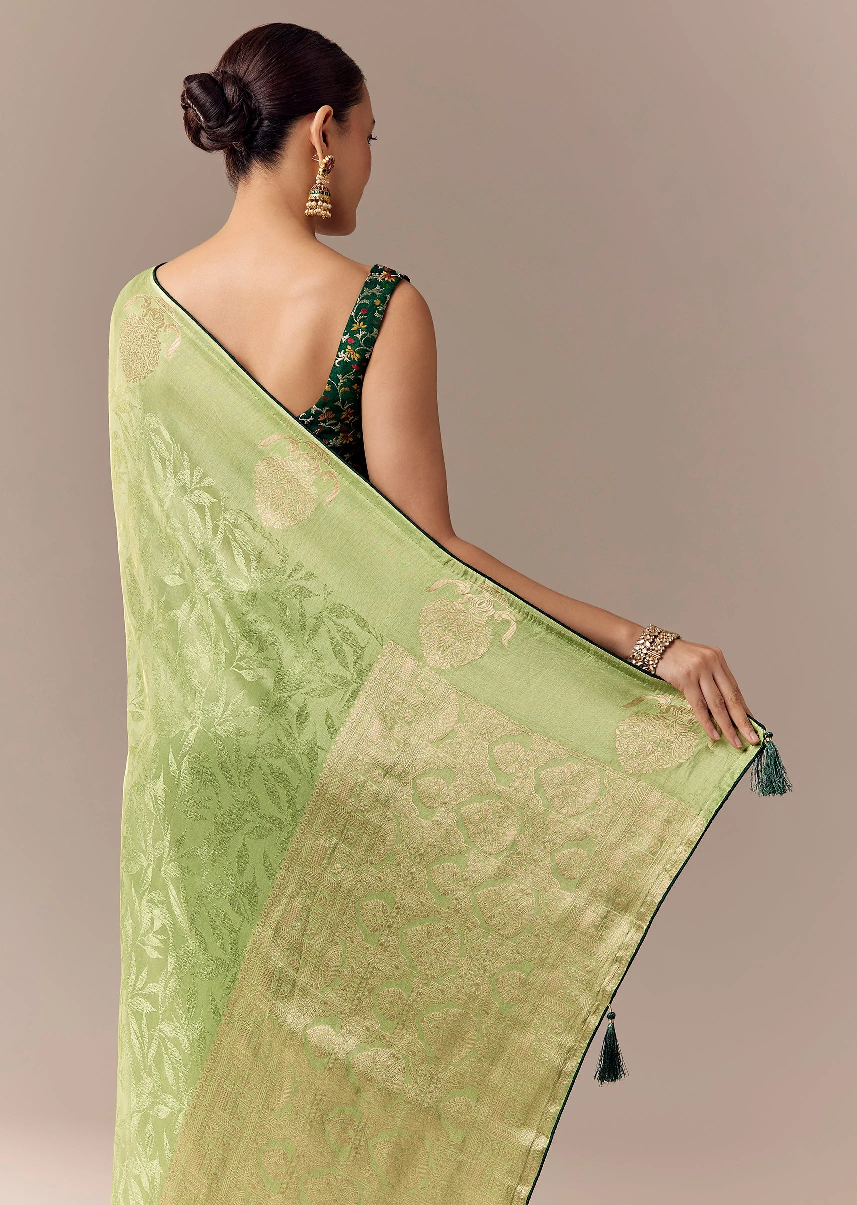Parrot Green Jacquard Zari Saree with Contrast Brocade Blouse - Image 6