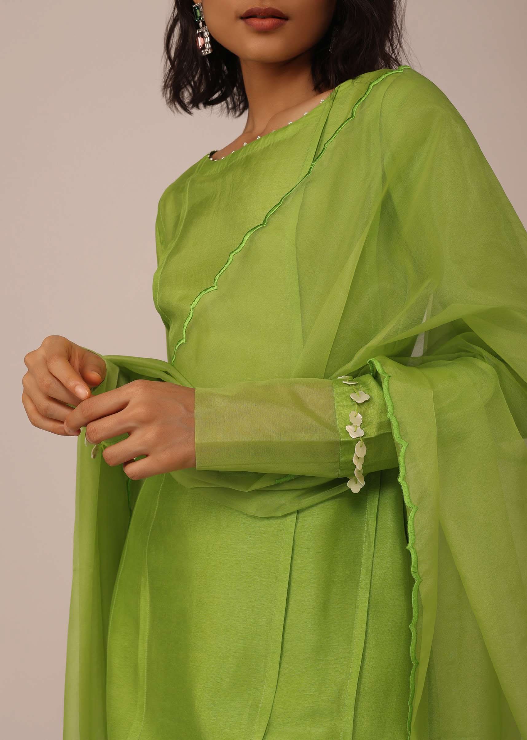 Parrot Green Suit Set In Art Silk With Tassels On The Sleeves - Image 2