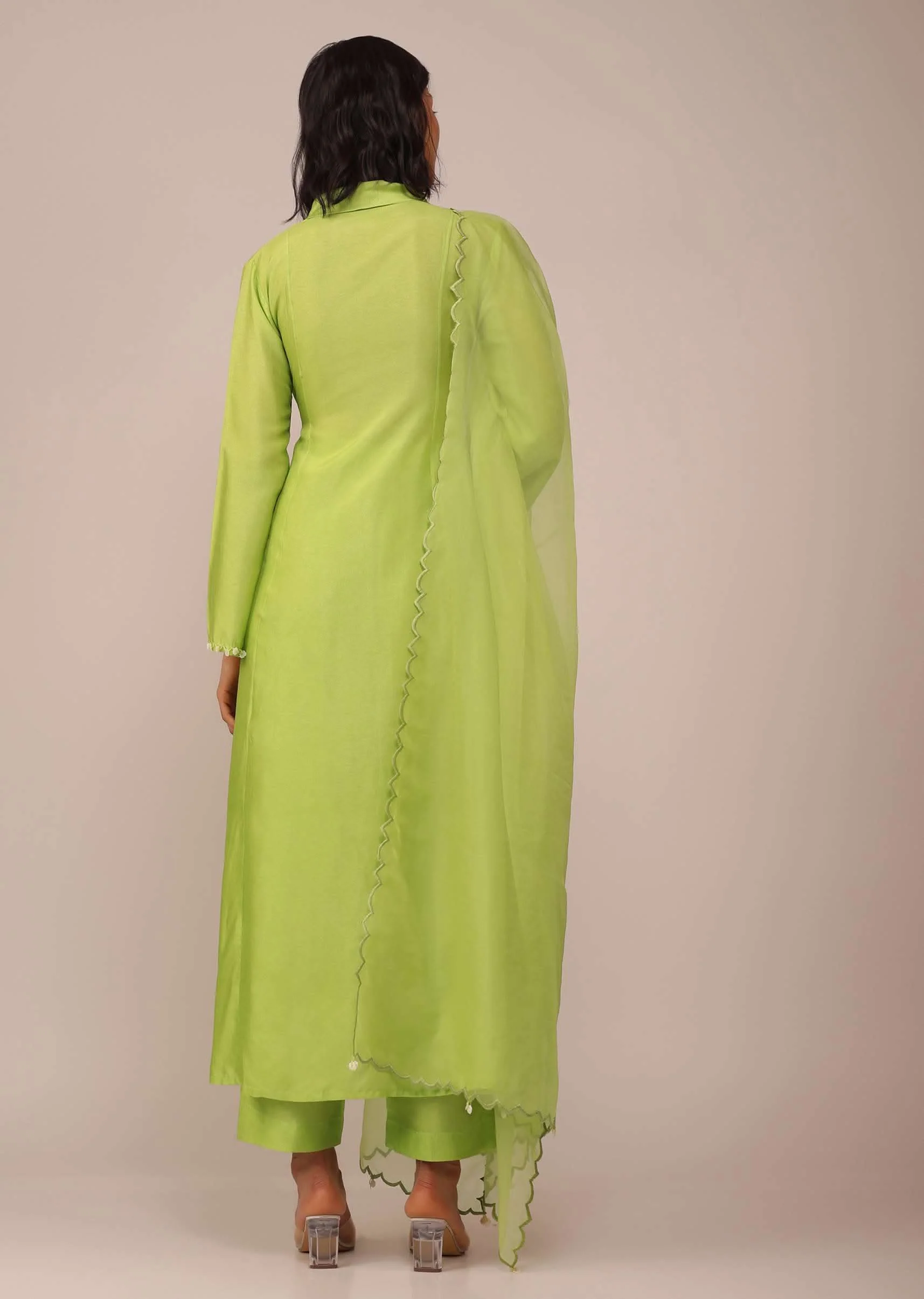Parrot Green Suit Set In Art Silk With Tassels On The Sleeves And Dupatta - Image 5