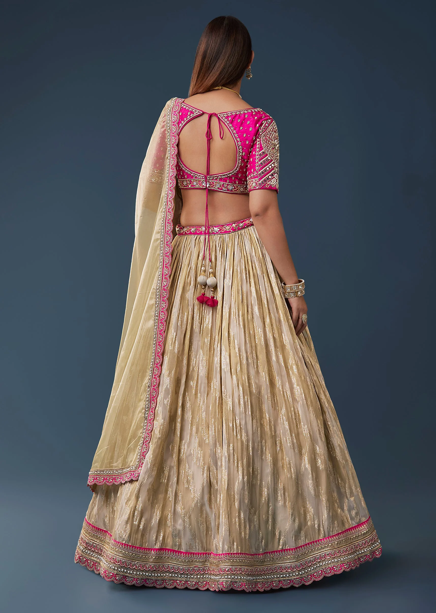 Pastel Beige Pink Mirror Work Lehenga Set With V Neck Half Sleeve And Choli - Image 2