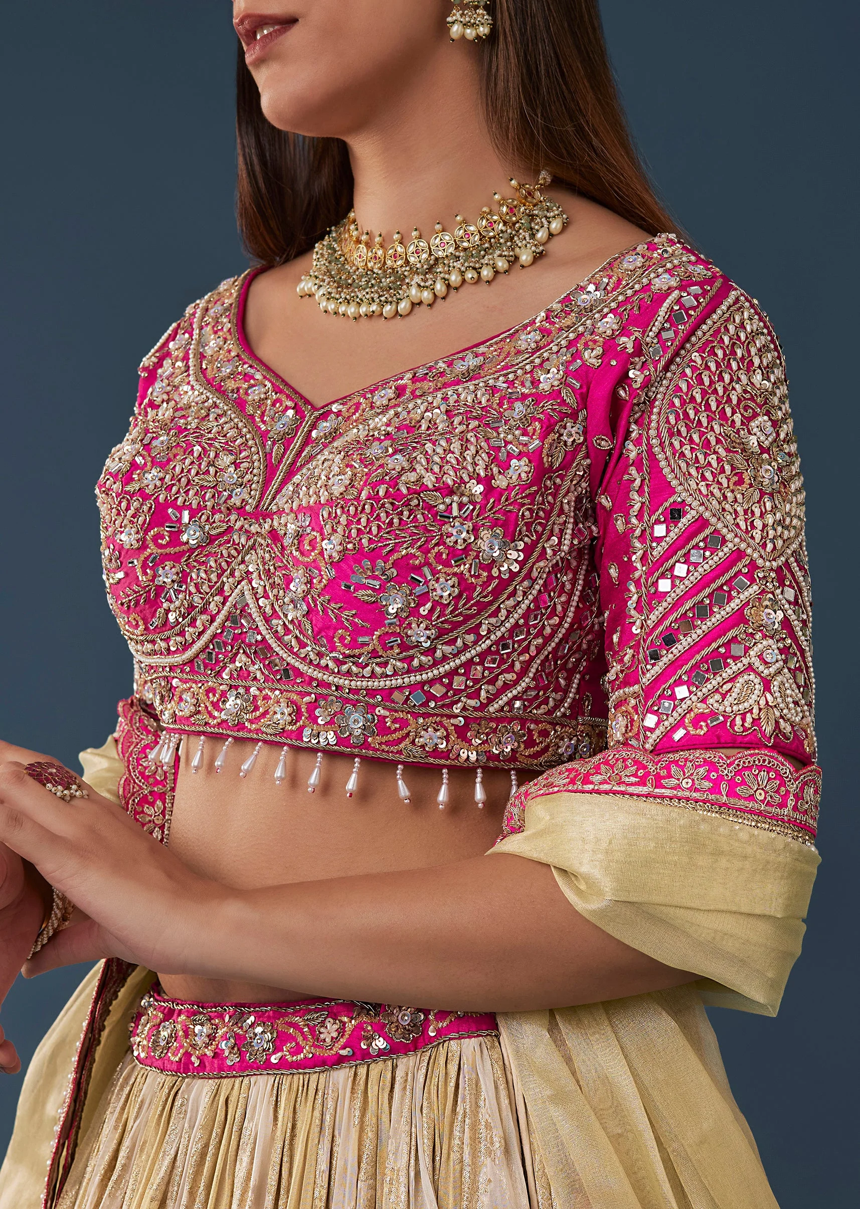 Pastel Beige Pink Mirror Work Lehenga Set With V Neck Half Sleeve And Choli - Image 3