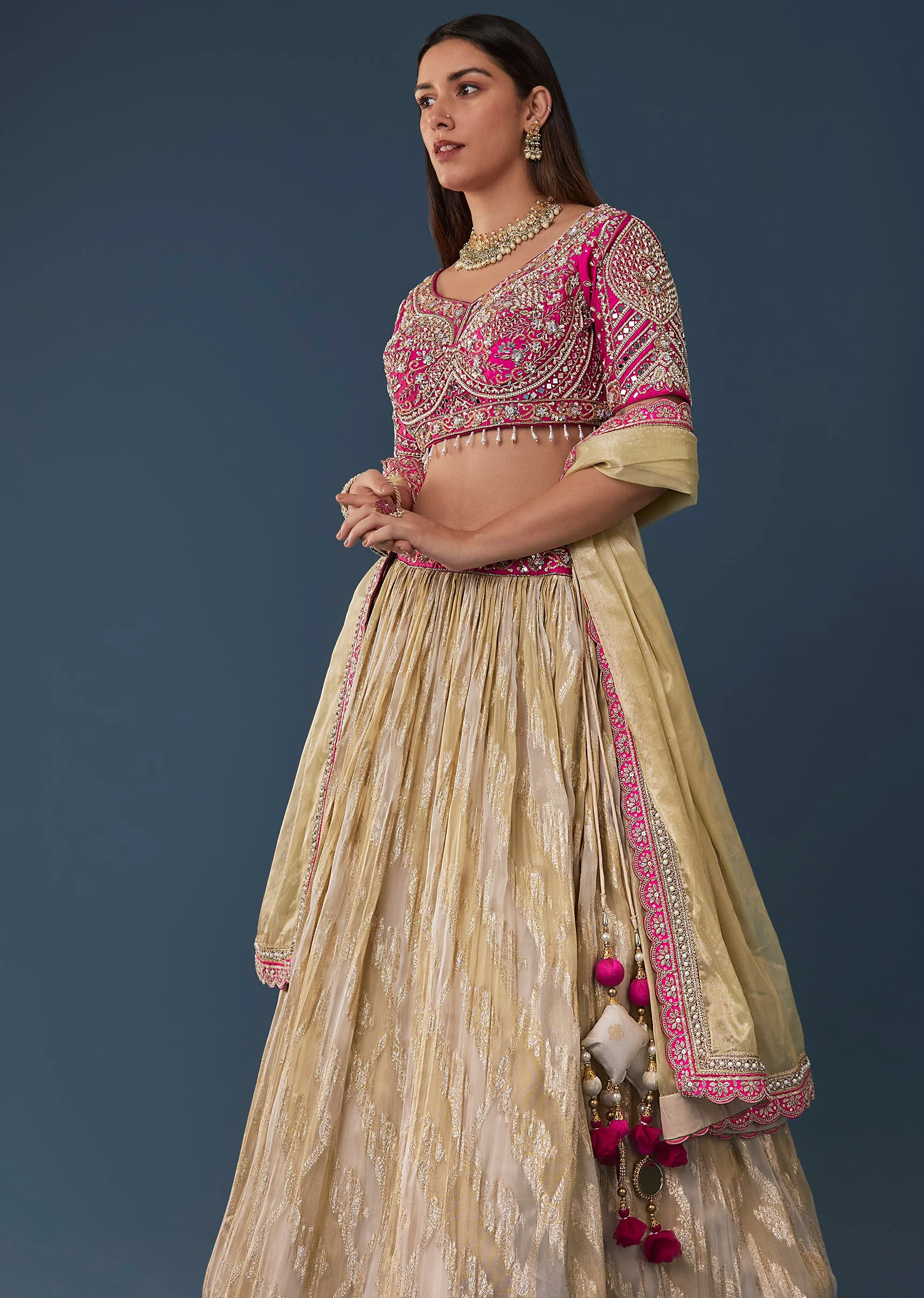 Pastel Beige Pink Mirror Work Lehenga Set With V Neck Half Sleeve And Choli - Image 5