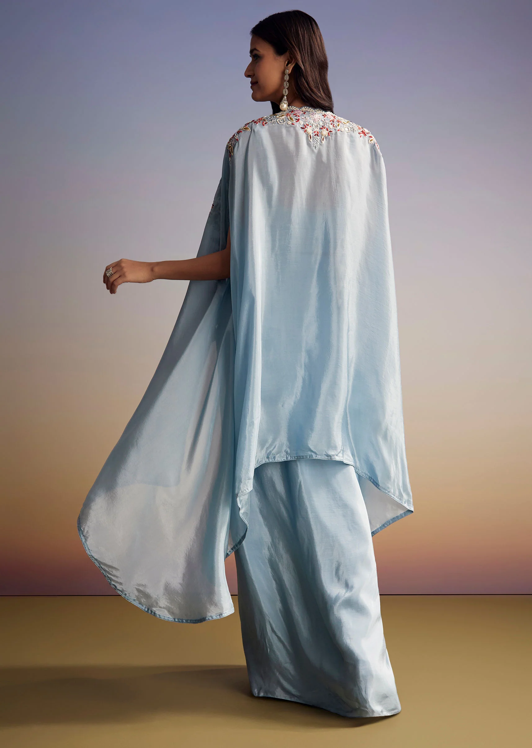 Pastel Blue Crop Top Skirt Set With Embroidered Cape Overlay - Image 6