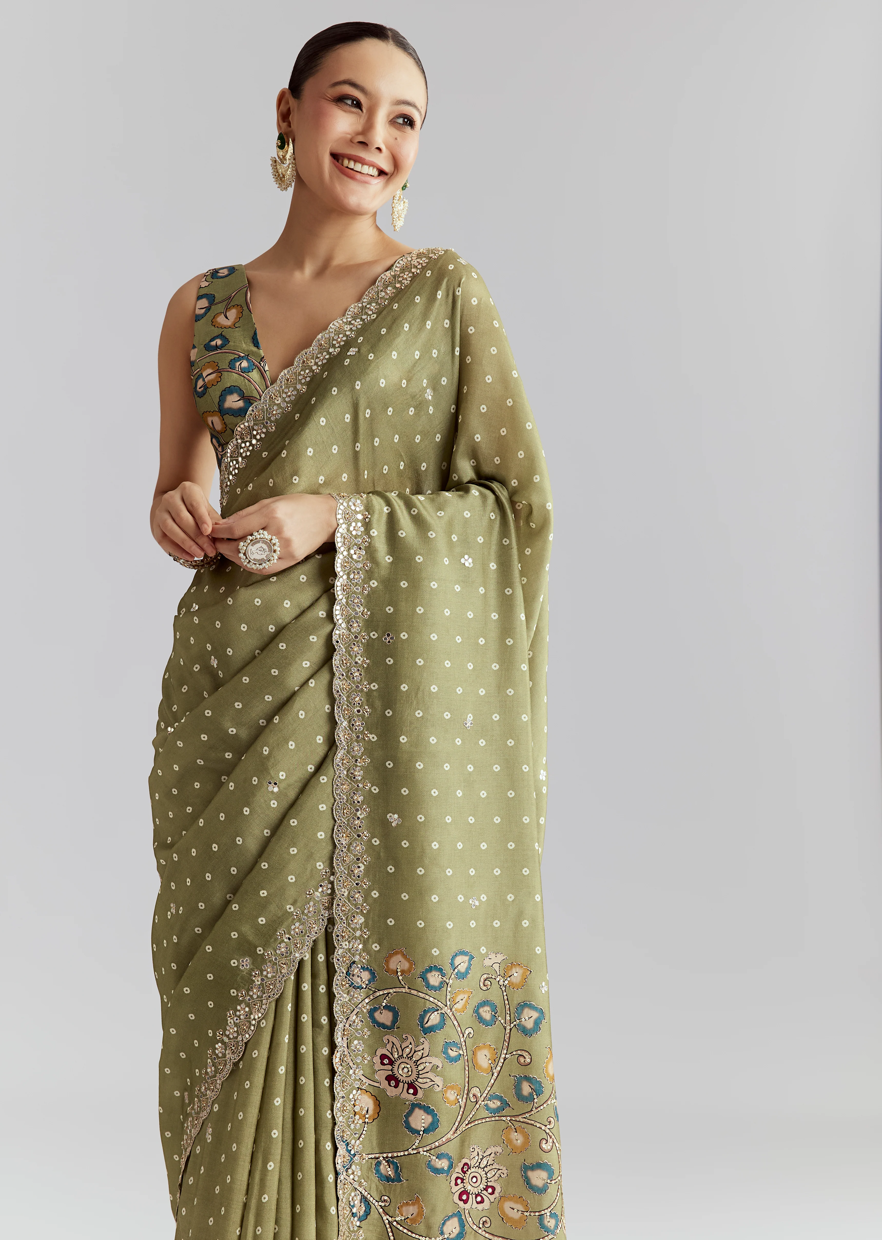 Pastel Day Couple Set – Pista Green Hand-Embroidered Muslin Saree for Her And Pastel Green Mirror Work Kurta Set for Him - Image 2