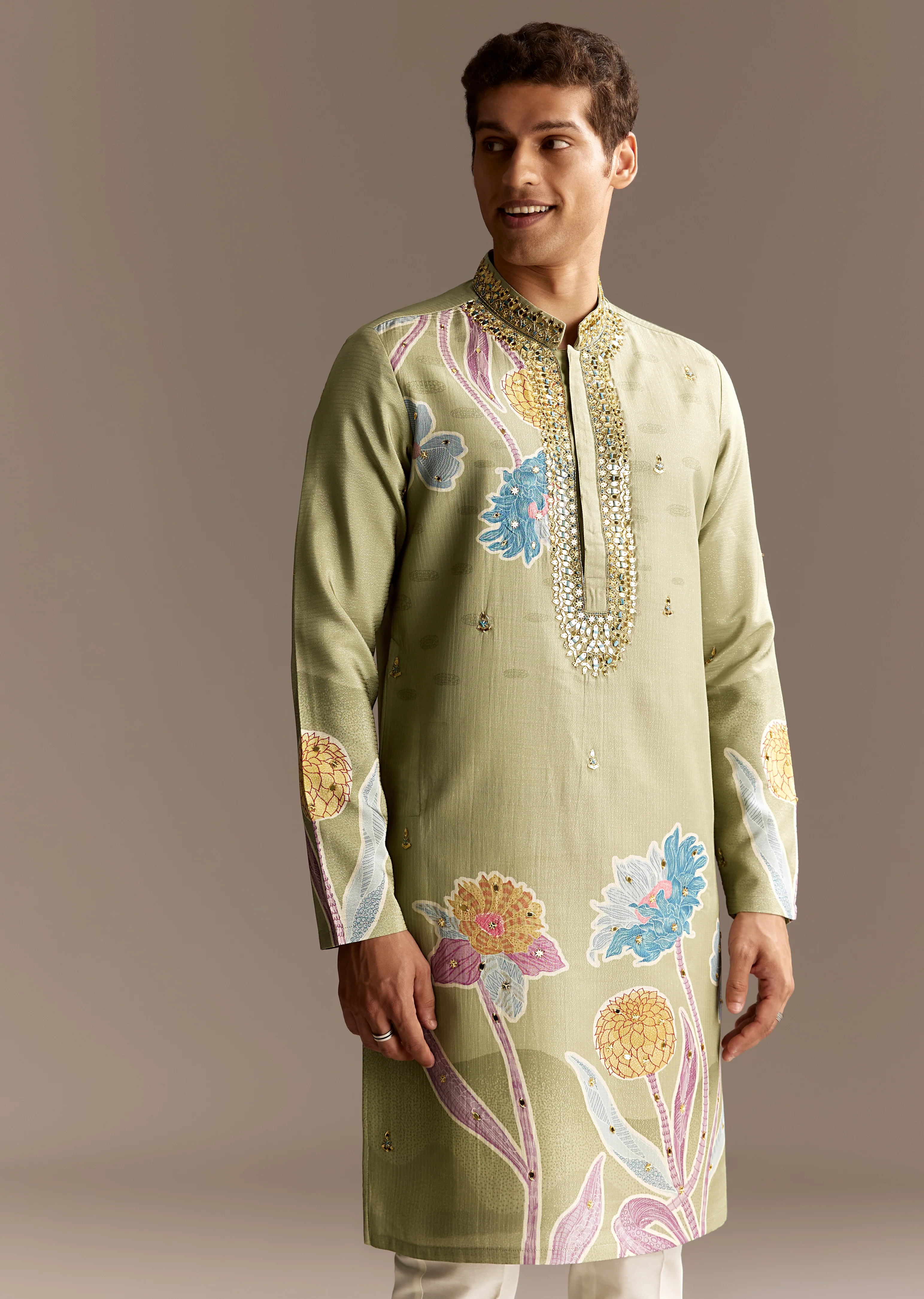 Pastel Day Couple Set – Pista Green Hand-Embroidered Muslin Saree for Her And Pastel Green Mirror Work Kurta Set for Him - Image 7