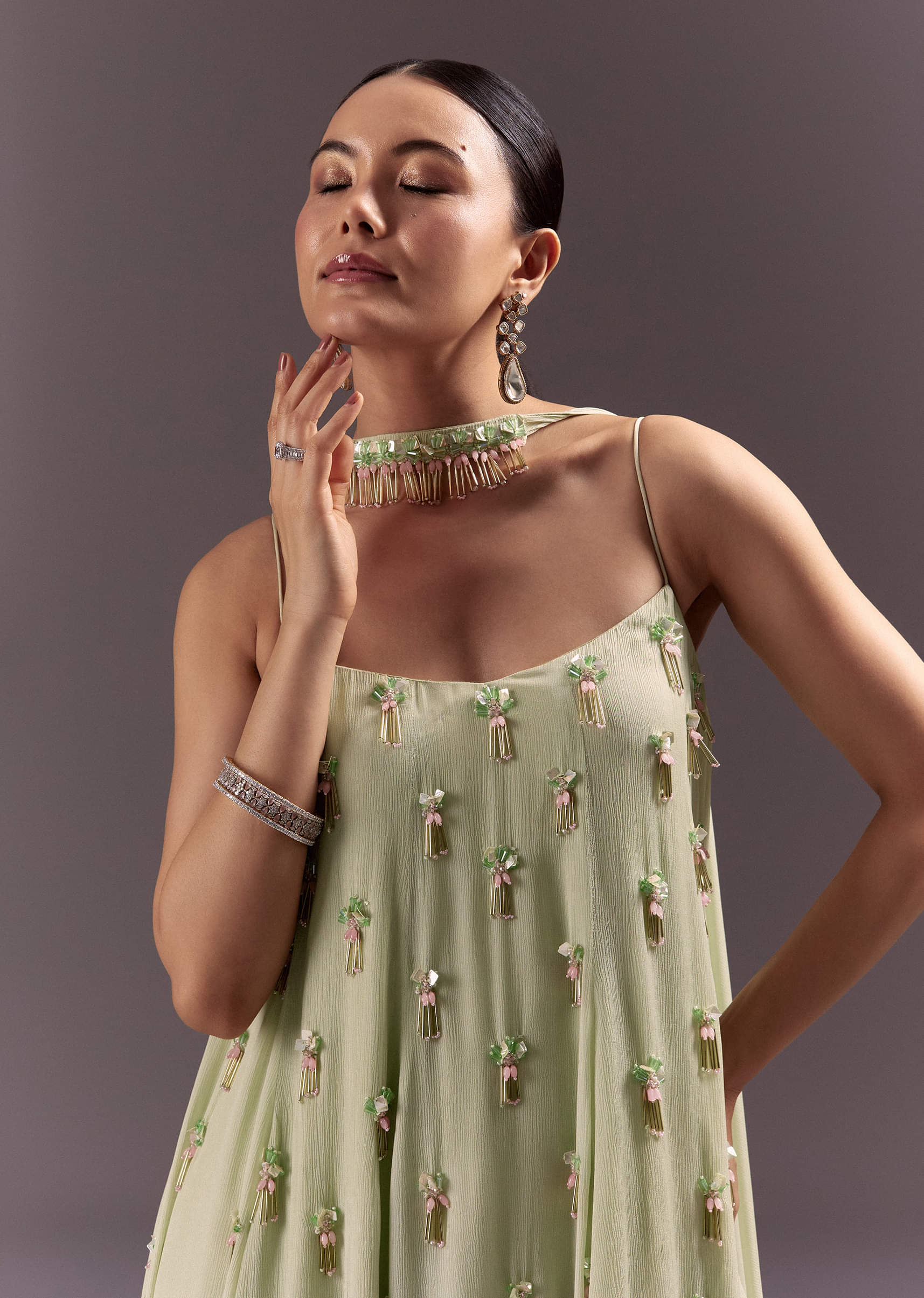 Pastel Green Chinon Embroidered Kurti With Flared Pant Set - Image 2